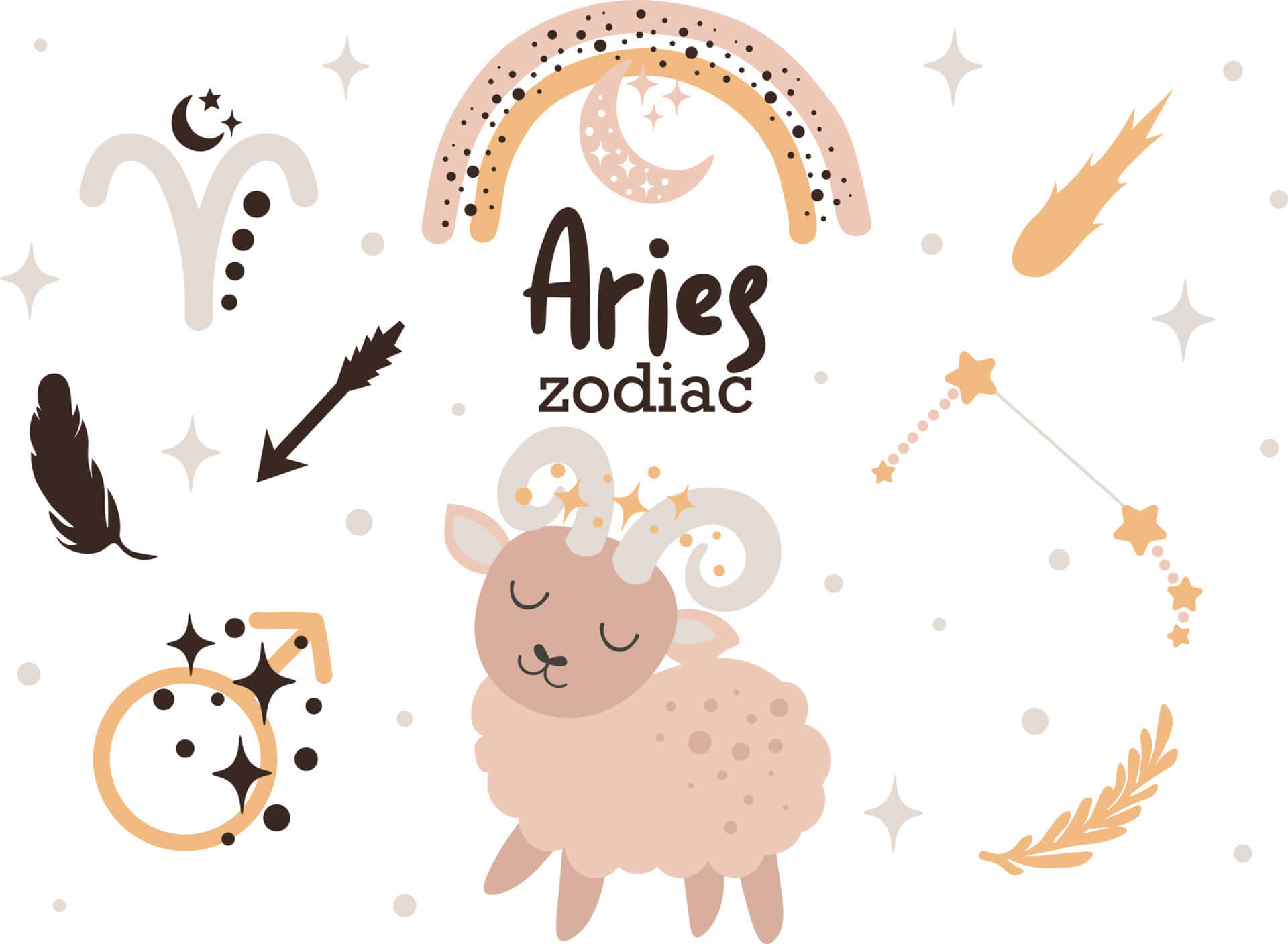 aries 桌布 壁紙 — 一個可愛的粉彩牡羊座插圖，有一隻睡覺的公羊、彩虹、星星和星座符號，背景為白色。