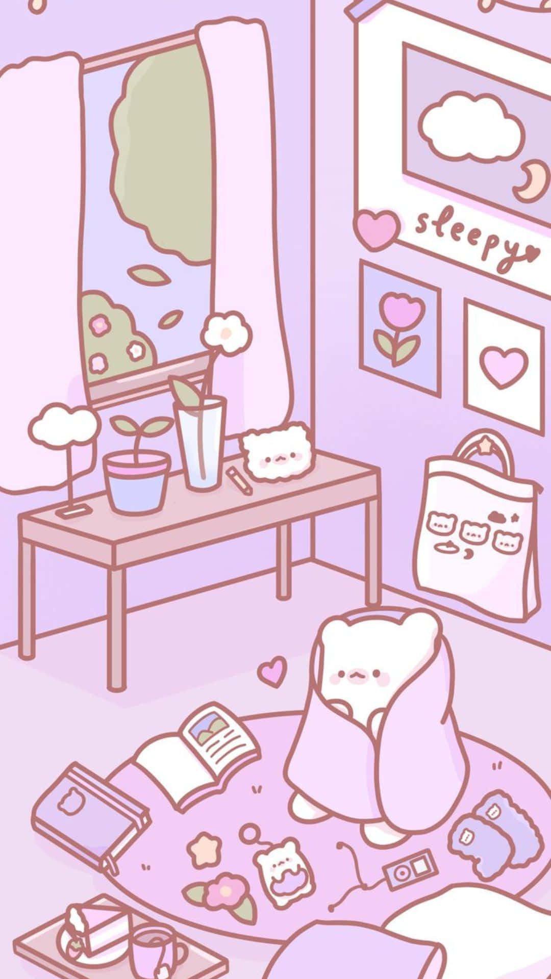 Kawaii Cartoon 桌布 壁紙 — 一個可愛的粉彩粉紅色插圖房間，一隻毛茸茸的白色生物在舒適的裝飾和漂浮的愛心環繞下閱讀一本書。