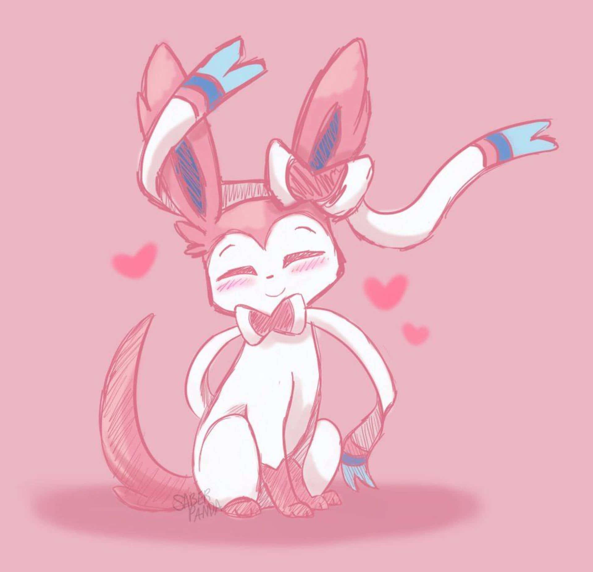 Cute Sylveon 桌布 壁紙 — 一個可愛的粉白色動漫風格生物，帶有藍色尖端的耳朵和尾巴，坐在柔和的粉紅色背景上，被漂浮的心形包圍，看起來很開心。