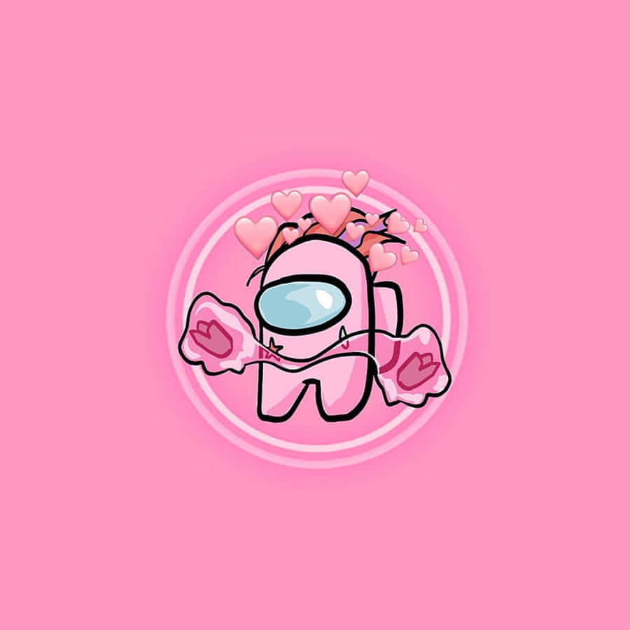 Among US Pink 桌布 壁紙 — 一個可愛的粉紅色Among Us角色，頭部周圍漂浮著心形圖案，背景為純粉紅色。