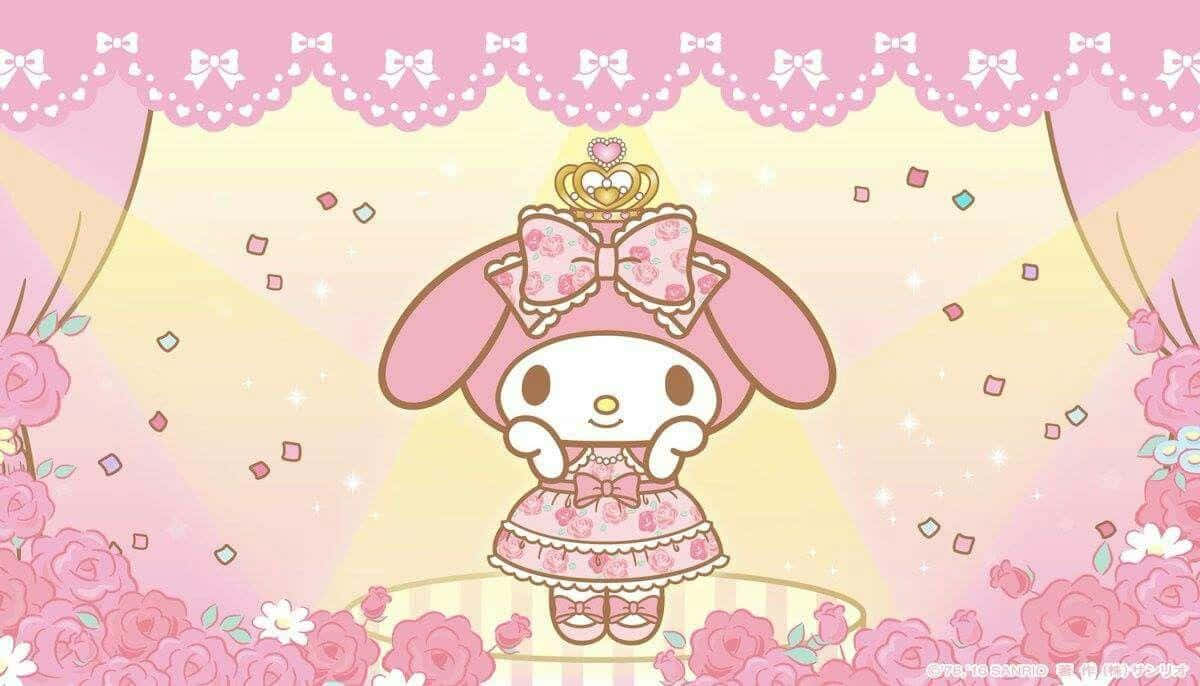 sanrio 桌布 壁紙 — 一個可愛的粉紅色My Melody角色穿著花卉連衣裙，站在舞台中央，下方是帶有玫瑰裝飾和飄落五彩紙屑的粉紅色窗簾。