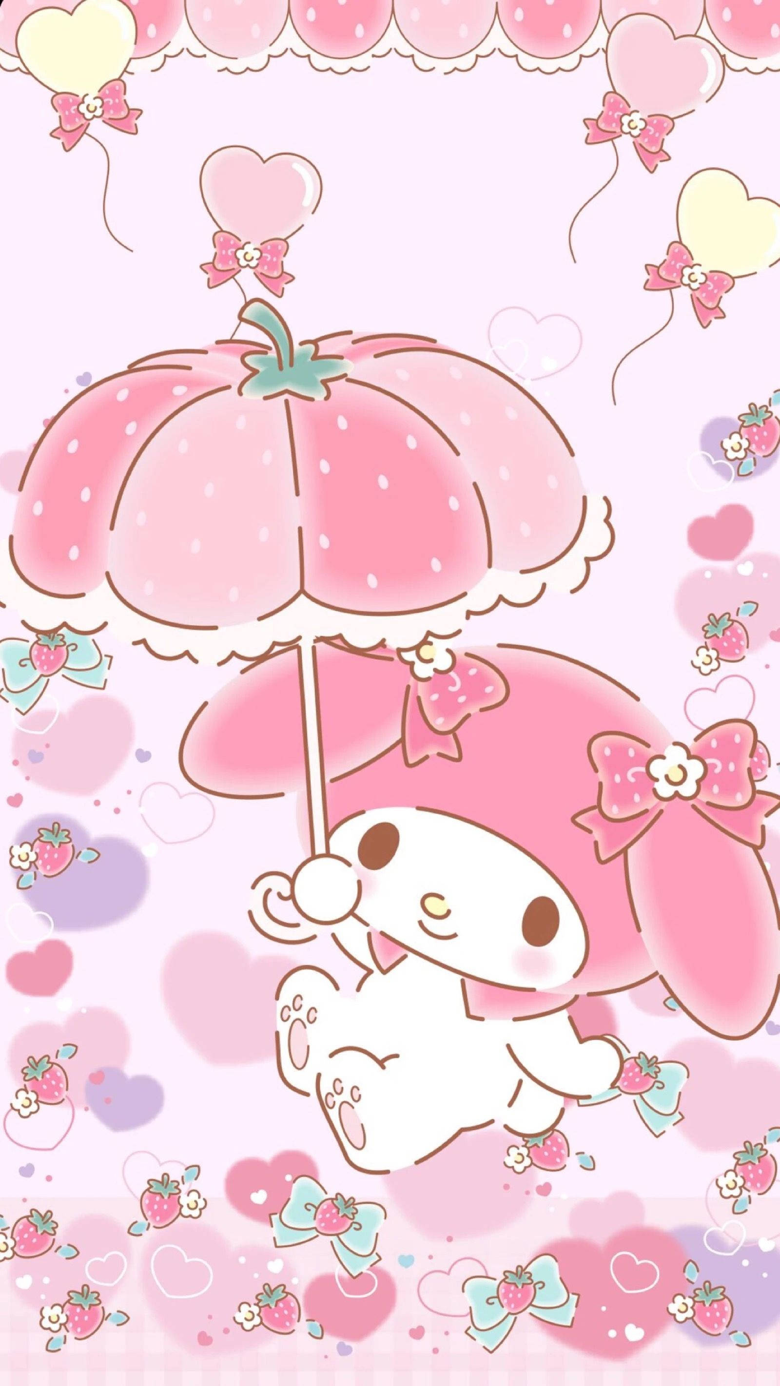 可愛 iPhone 桌布 桌布 壁紙 — 一個可愛的粉紅色My Melody角色在漂浮的心形和草莓之間拿著一把草莓主題的傘，背景是粉紅色。