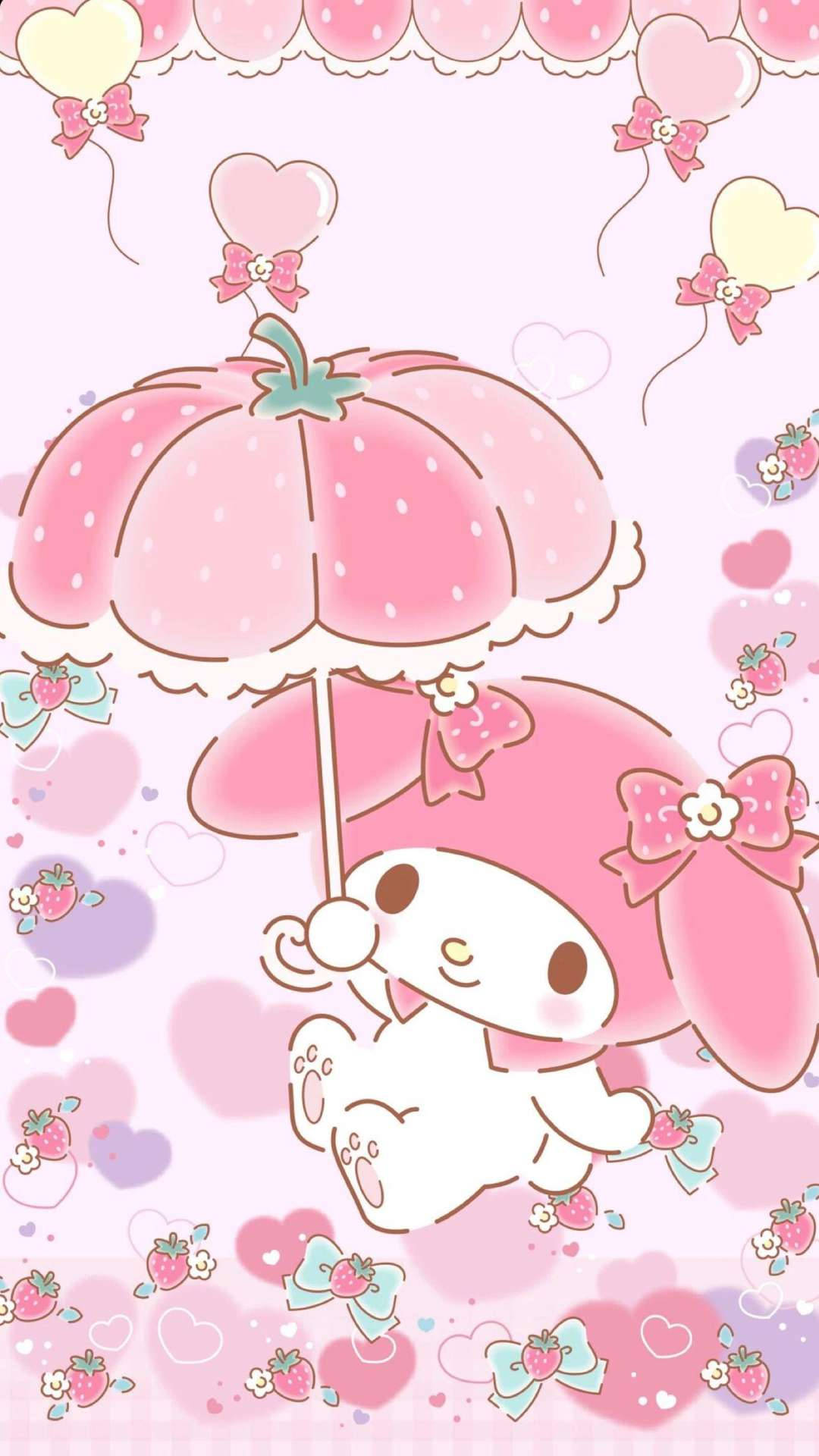 cute and pink 桌布 壁紙 — 一個可愛的粉紅色My Melody角色拿著草莓主題的雨傘，周圍漂浮著愛心和草莓。