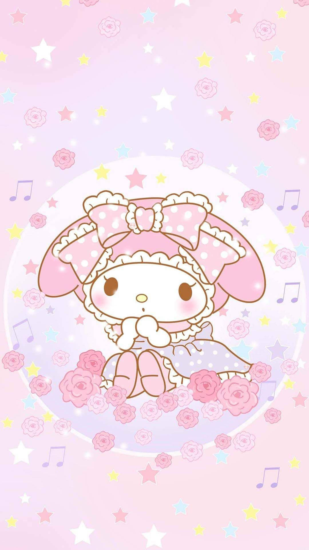 my 桌布 壁紙 — 一個可愛的粉紅色My Melody角色坐在被玫瑰、星星和音符包圍的粉彩漸變背景上。