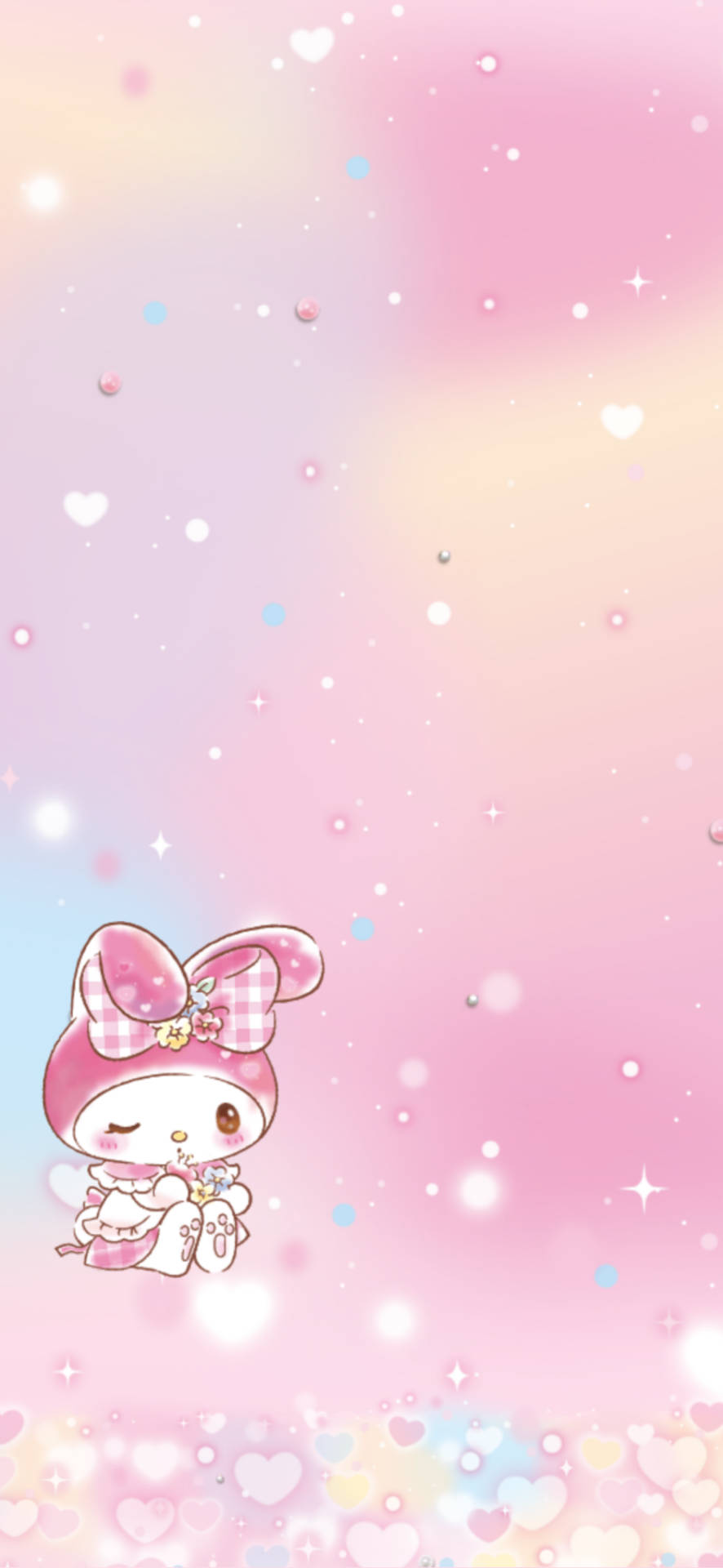 my 桌布 壁紙 — 一個可愛的粉紅色My Melody角色坐在充滿漂浮愛心和閃光的夢幻粉彩天空中。