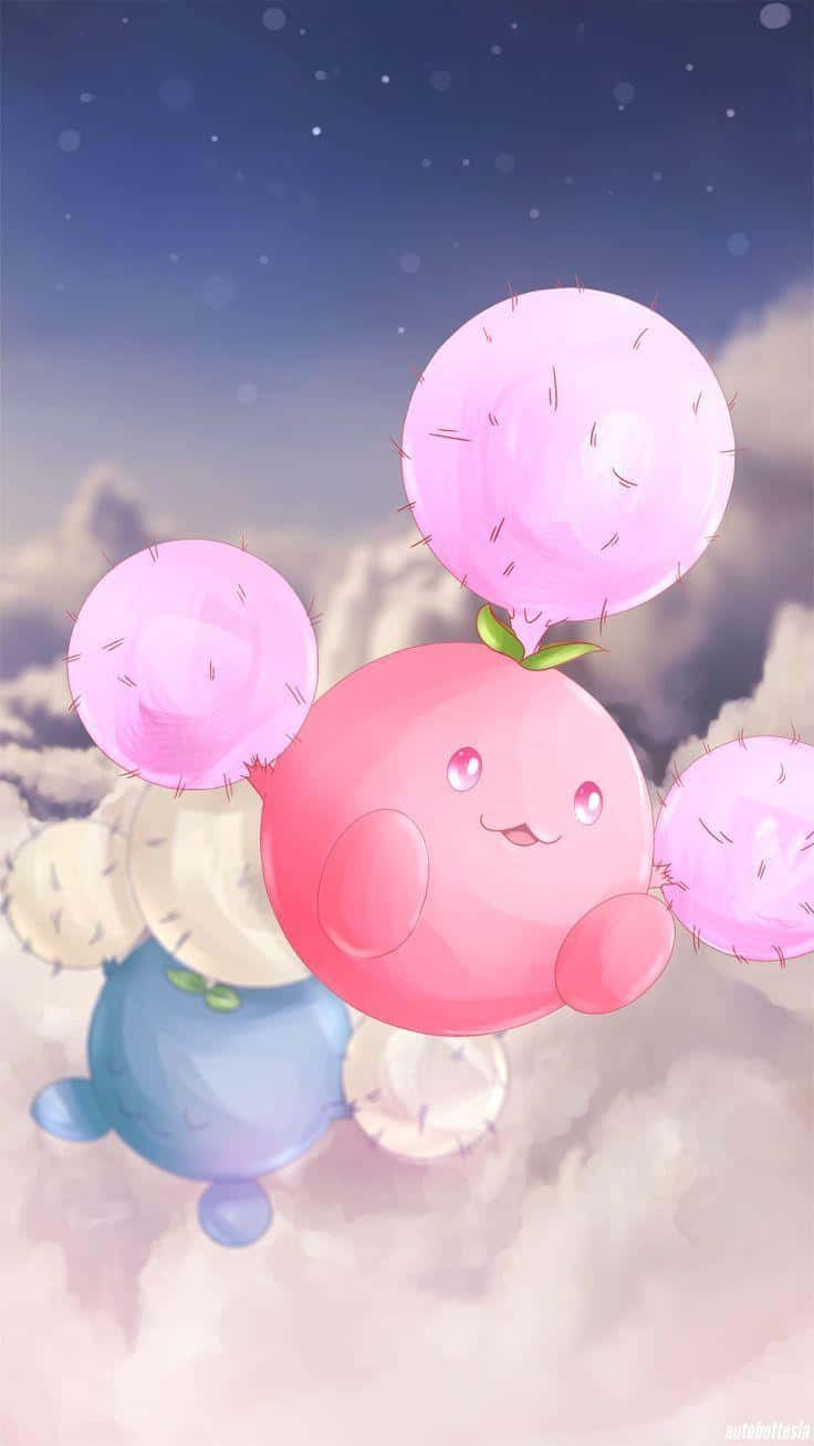 Cloud Aesthetic 桌布 壁紙 — 一個可愛的粉紅色仙人掌狀寶可夢在繁星點點的黃昏天空下，在蓬鬆的雲朵中平靜地漂浮。