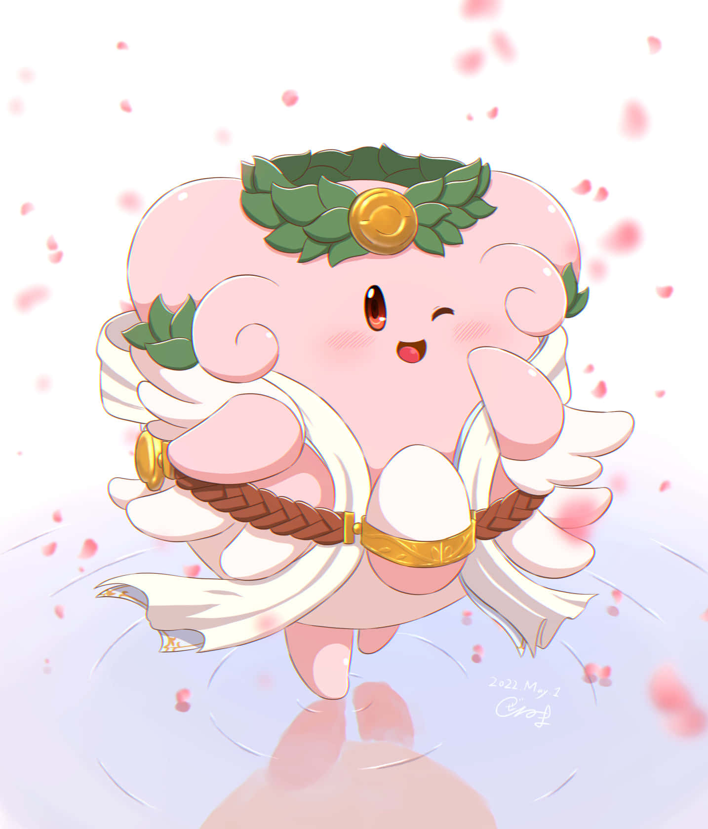 寶可夢 桌布 壁紙 — 一個可愛的粉紅色動漫角色，長有翅膀和戴著月桂花環，在飄落的粉紅色花瓣中快樂地跳舞。