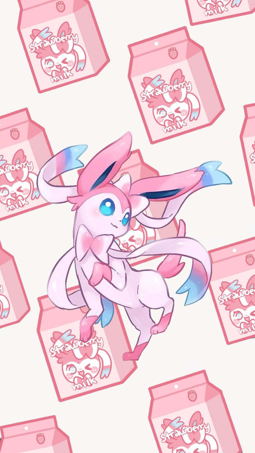 Cute Sylveon 桌布 壁紙 — 一個可愛的粉紅色動漫風格Sylveon角色在重複的草莓牛奶盒之間頑皮地跳躍。