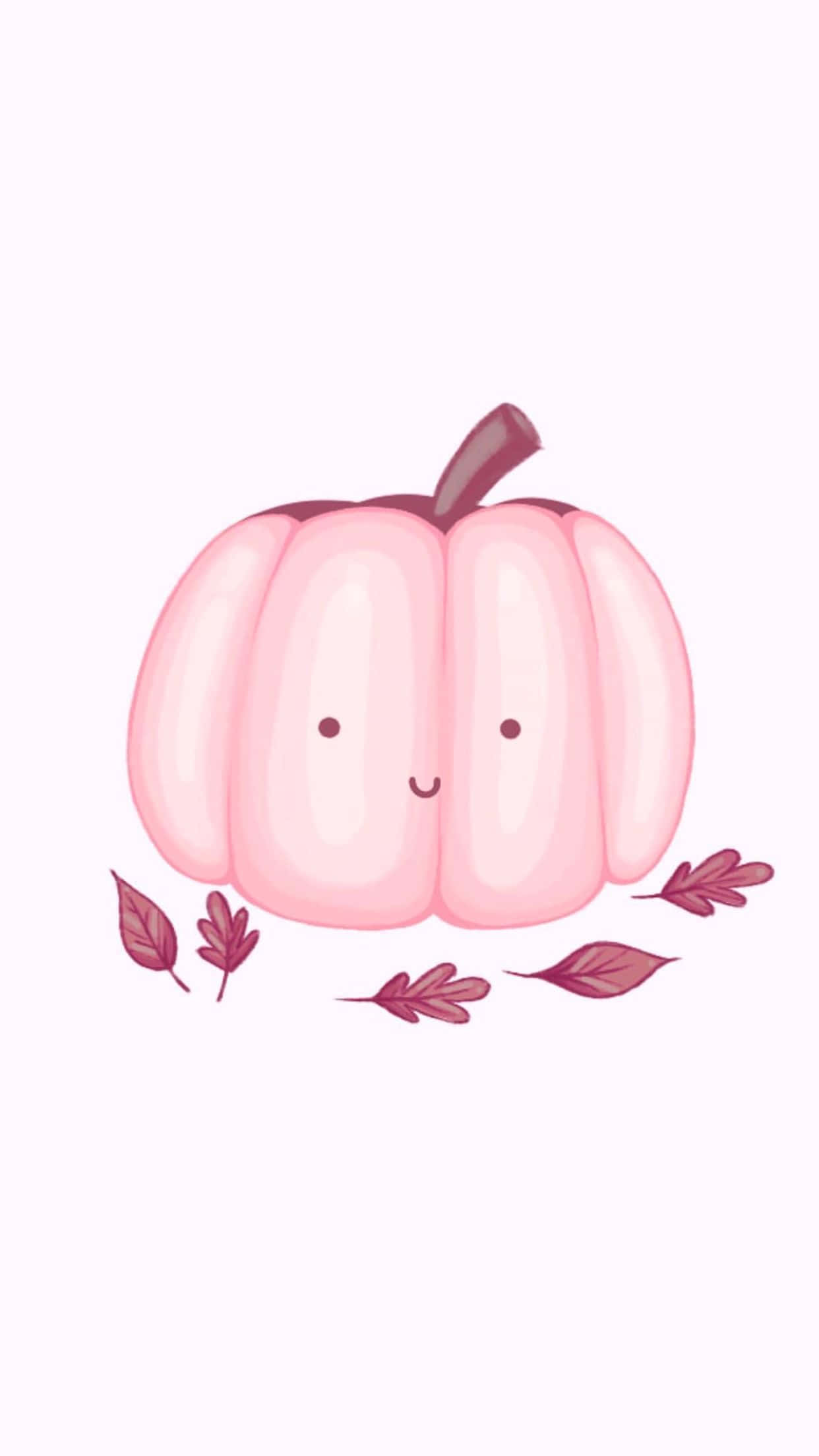 桌布 壁紙 — 一個可愛的粉紅色卡通南瓜，帶有微笑的臉和紫色葉子，背景為白色。