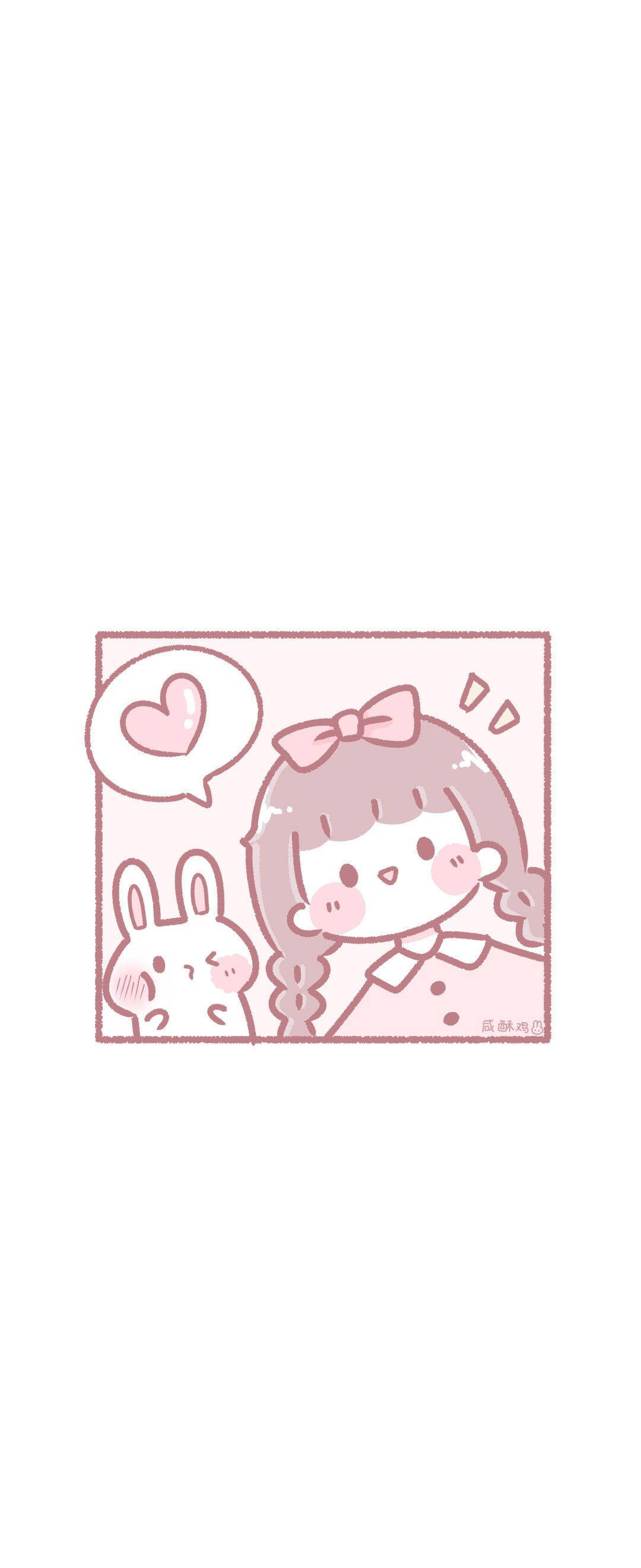 Cute Kawaii Aesthetic 桌布 壁紙 — 一個可愛的粉紅色卡通女孩，紮著辮子並戴著蝴蝶結，在兔子旁邊微笑，對話框裡漂浮著一顆心。