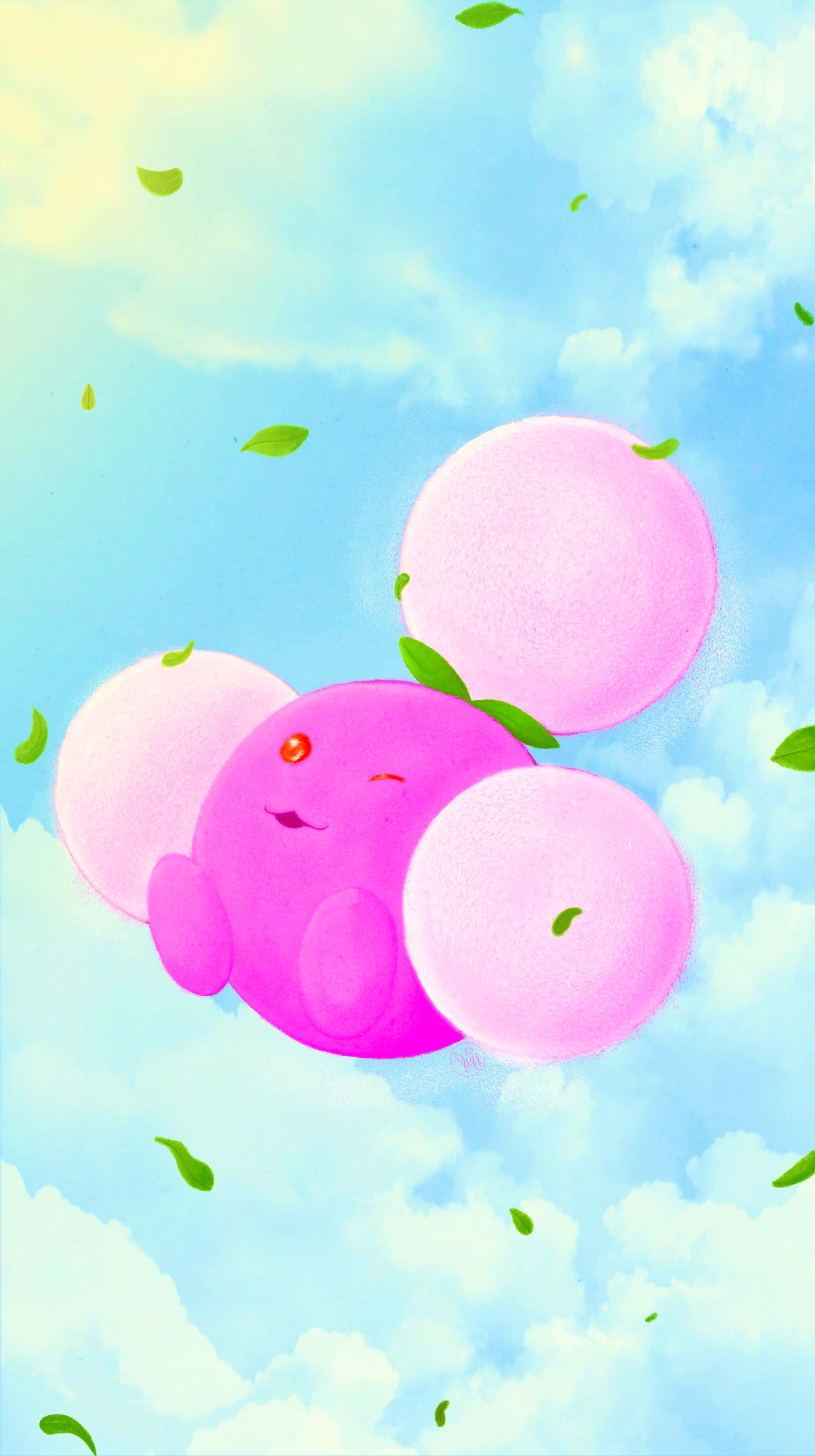 Cloud Aesthetic 桌布 壁紙 — 一個可愛的粉紅色卡通生物，帶有葉狀附肢，在點綴著蓬鬆雲朵和飄落綠葉的柔和藍色天空中平靜地漂浮。