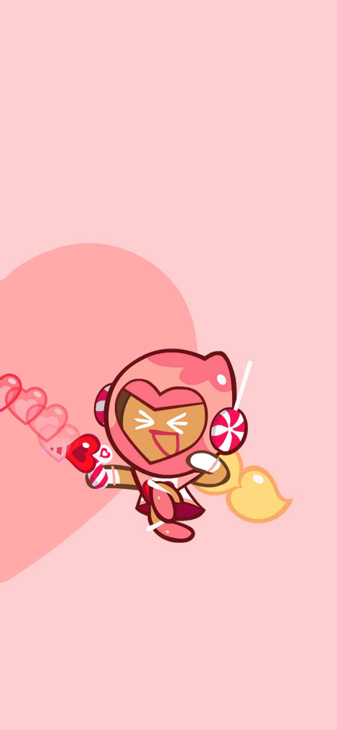 Cookie Run 桌布 壁紙 — 一個可愛的粉紅色卡通角色，戴著心形頭盔和糖果道具，在柔和的粉紅色背景上快樂地飛翔。