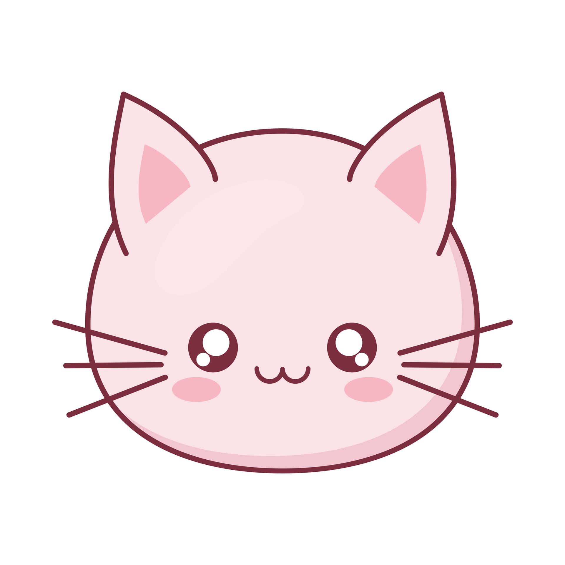 Cartoon Animal 桌布 壁紙 — 一個可愛的粉紅色卡通貓臉，有大圓眼睛和鬍鬚，在白色背景上。