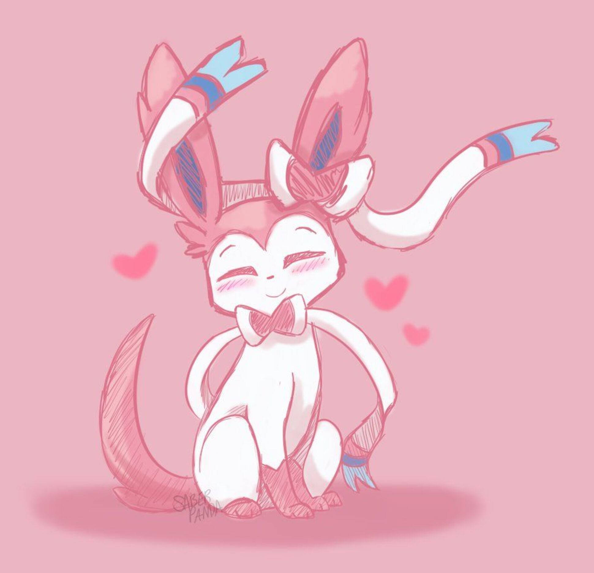 Sylveon 桌布 壁紙 — 一個可愛的粉紅色和白色動漫風格生物，帶有藍色尖端的耳朵和尾巴，快樂地坐在柔和的粉紅色背景上，周圍環繞著漂浮的心形。