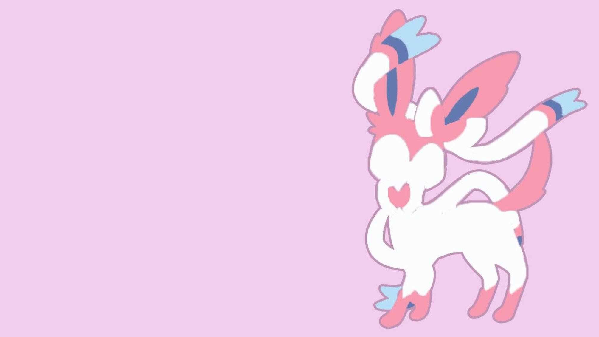 Sylveon 桌布 壁紙 — 一個可愛的粉紅色和白色動漫風格生物，帶有心形圖案，在柔和的粉紅色背景上快樂地跳舞。