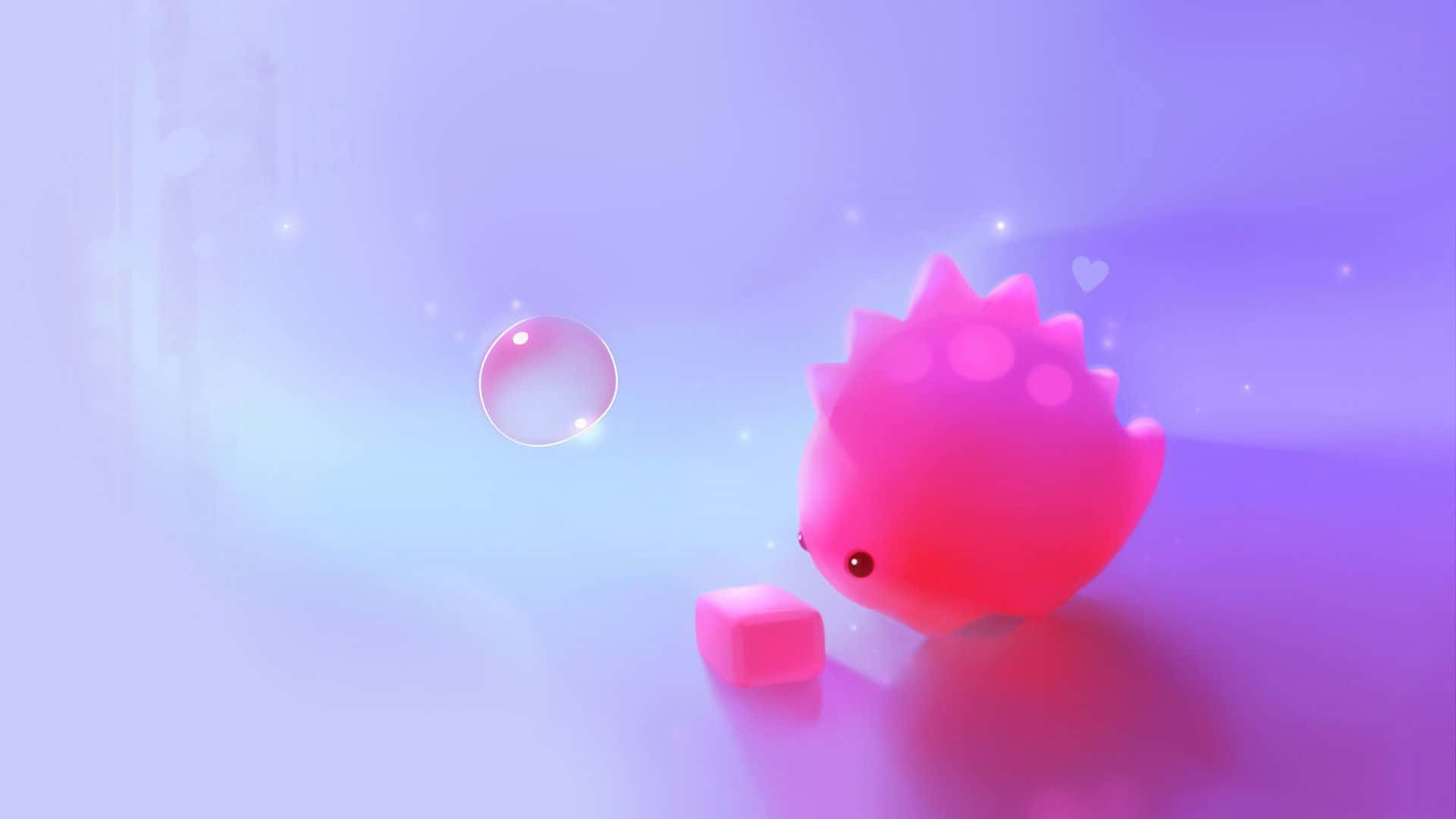 Cute Dinosaur 桌布 壁紙 — 一個可愛的粉紅色多刺生物，用一隻眼睛凝視著一個漂浮的泡泡和一個立方體，在一個柔和發光的紫色和藍色漸變空間中。