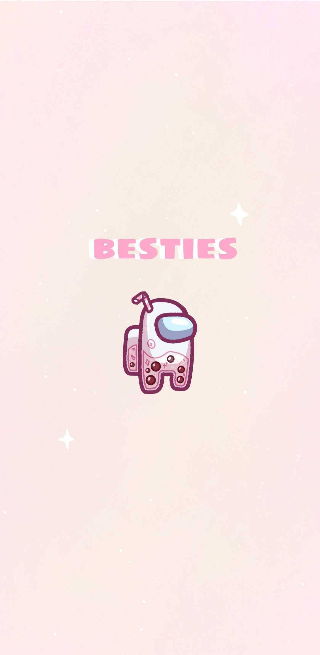 Bestie 桌布 壁紙 — 一個可愛的粉紅色太空人角色，上方漂浮著「besties」字樣，背景是柔和的粉彩色調並帶有閃光。