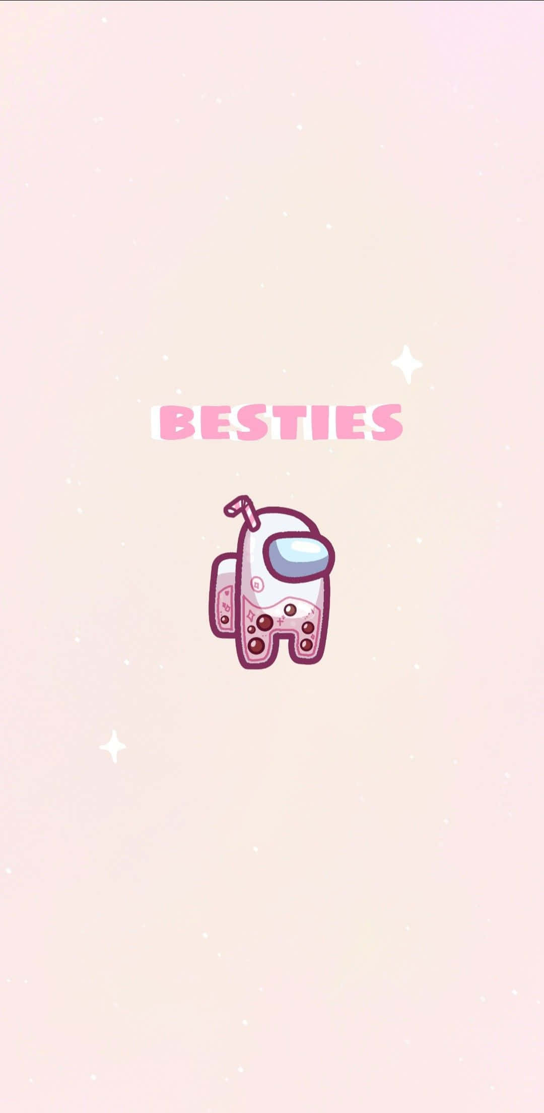Bestie 桌布 壁紙 — 一個可愛的粉紅色太空人角色在柔和的粉彩漸變天空中漂浮，伴隨著閃爍的星星和 BESTIES 這個詞。