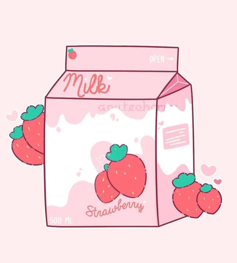 Strawberry Aesthetic 桌布 壁紙 — 一個可愛的粉紅色插圖草莓牛奶盒，上面有卡通草莓和心形圖案，背景是柔和的粉紅色。