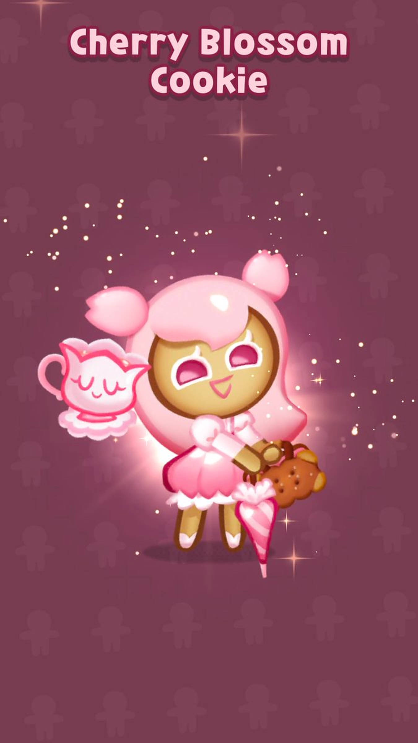 Cookie Run 桌布 壁紙 — 一個可愛的粉紅色櫻花餅乾角色拿著茶壺和餅乾，背景是閃閃發光的栗色。