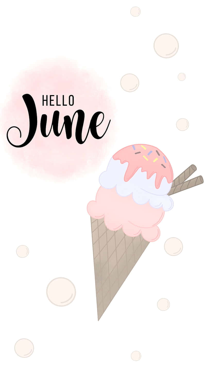 Ice Cream 桌布 壁紙 — 一個可愛的粉紅色甜筒冰淇淋，上面有彩色糖粒和「Hello June」文字，在白色背景上的柔軟氣泡中漂浮。