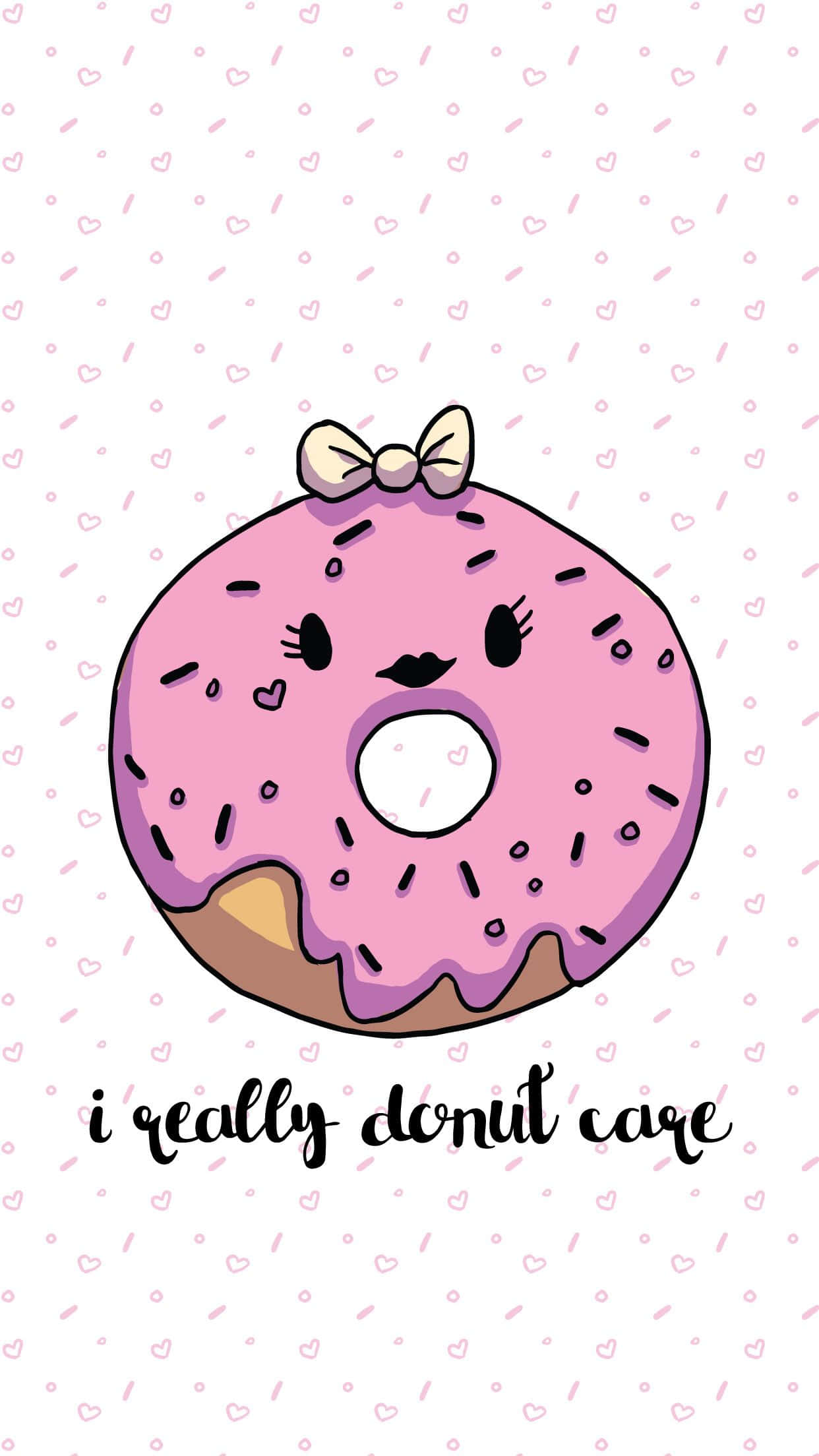 donuts 桌布 壁紙 — 一個可愛的粉紅色糖霜甜甜圈，戴著蝴蝶結和睫毛，在愛心圖案的背景上微笑。