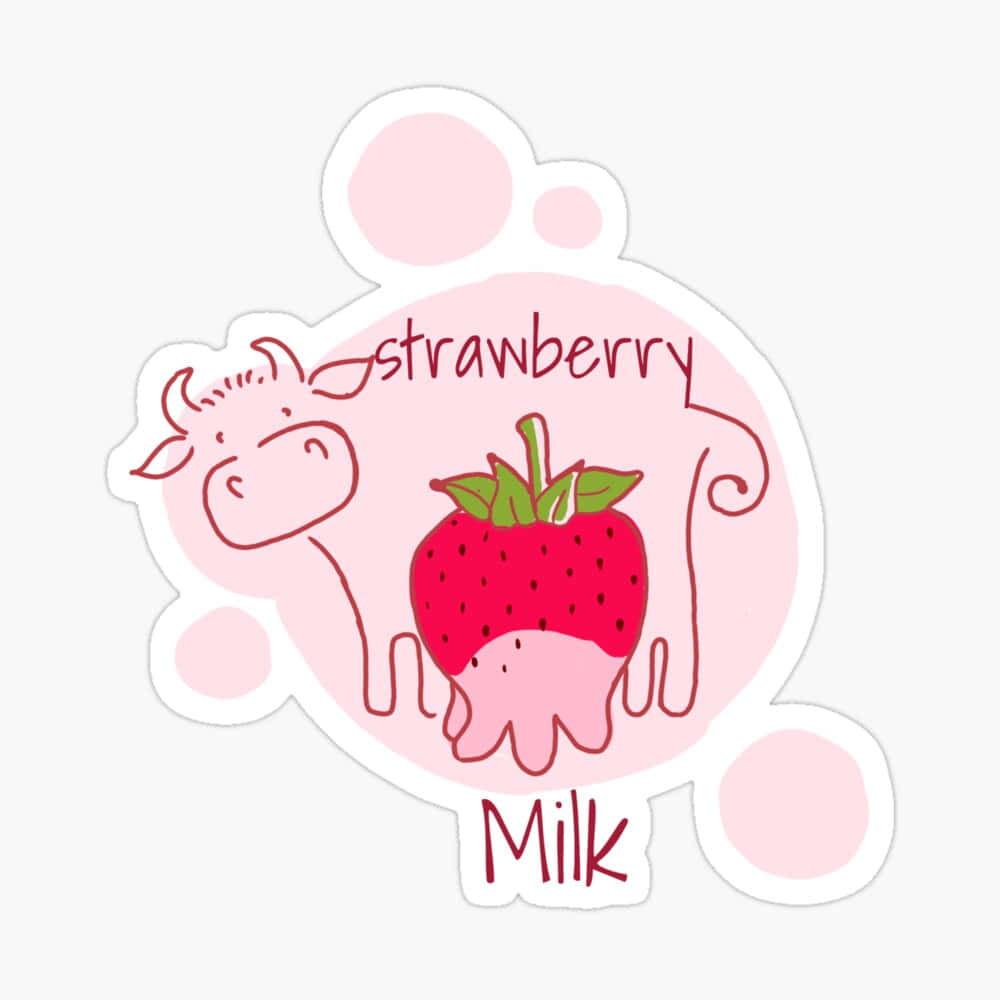 Strawberry Cow 桌布 壁紙 — 一個可愛的粉紅色貼紙設計，上面有一隻卡通牛拿著草莓，上面寫著草莓牛奶。