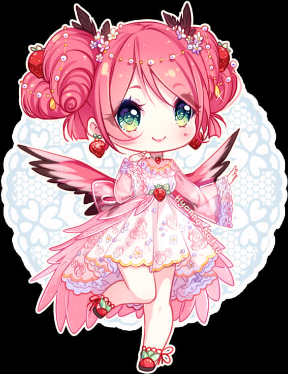 Anime Chibi 桌布 壁紙 — 一個可愛的粉紅色頭髮動漫女孩，帶有草莓主題翅膀和髮飾，穿著花卉連衣裙微笑。