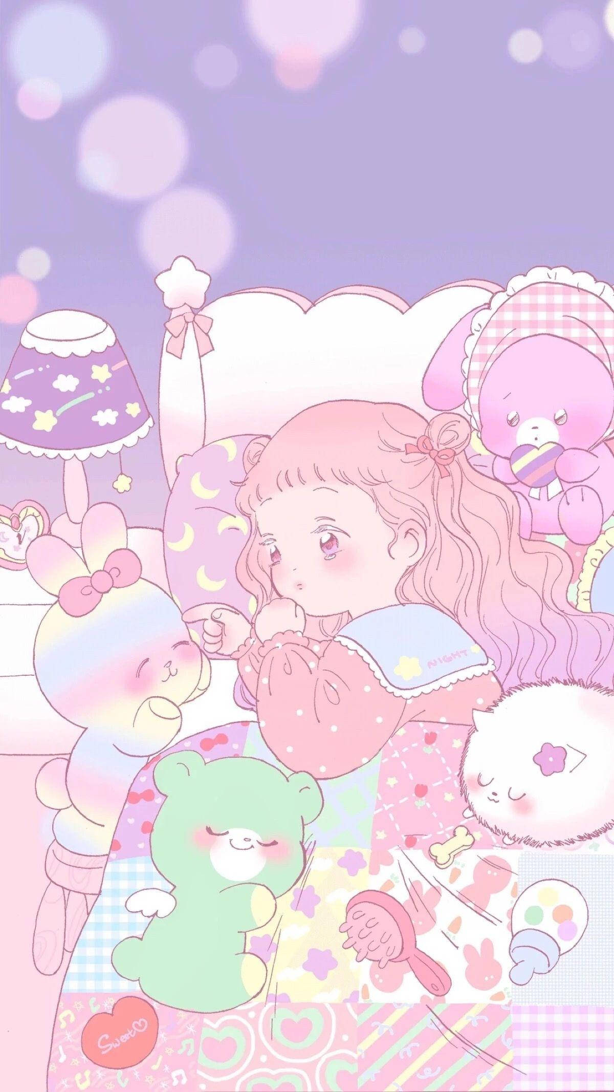 可愛動漫 桌布 壁紙 — 一個可愛的粉紅色頭髮動漫女孩在一個充滿毛絨玩具和柔和燈光的柔和色調臥室中休息。
