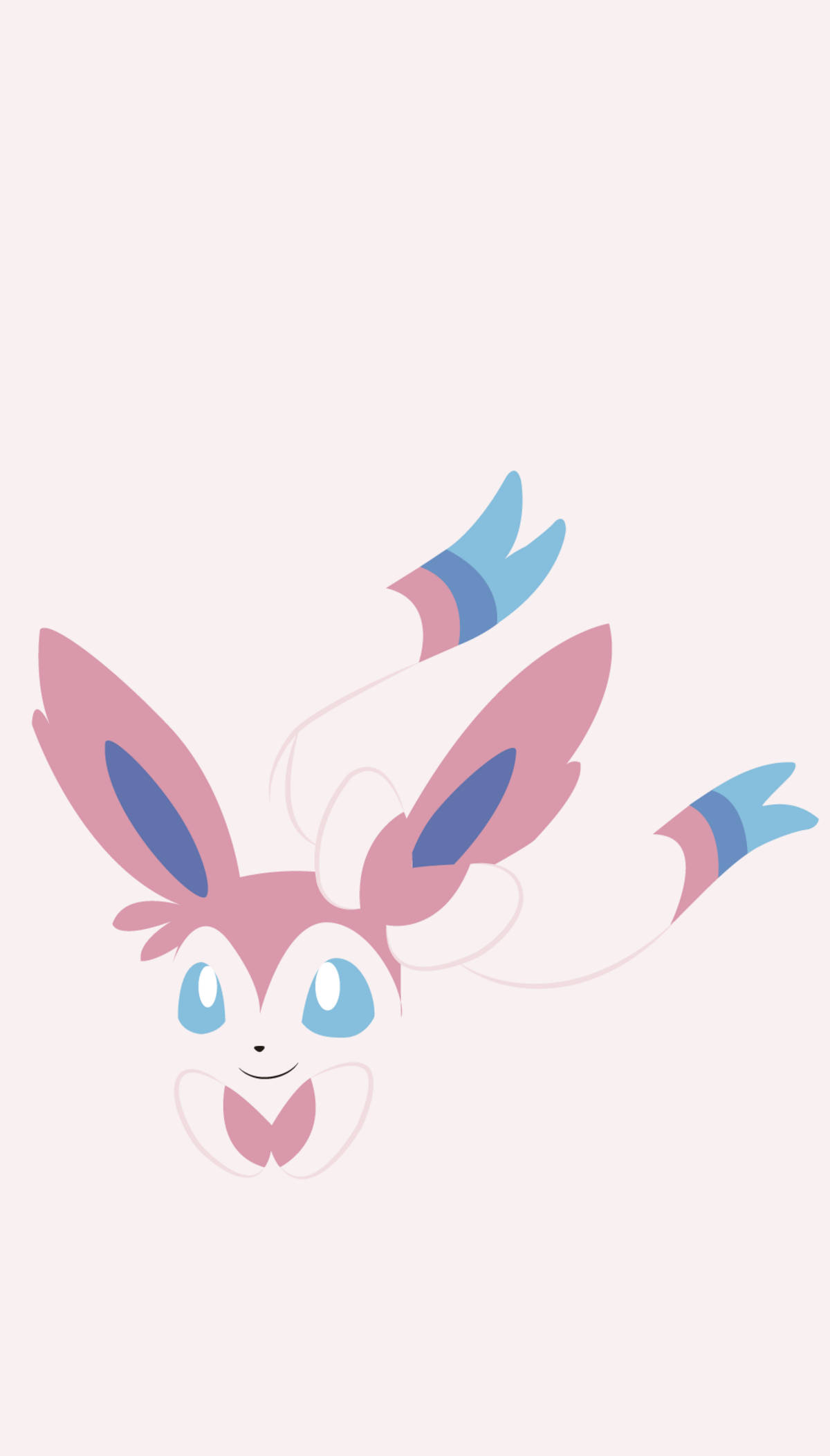 Sylveon 桌布 壁紙 — 一個可愛的粉藍色動漫風格狐狸般生物，有大眼睛和流動的耳朵，在柔軟的米色背景上溫柔地微笑。