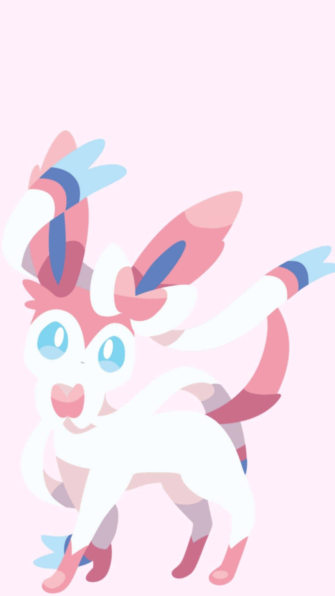 Cute Sylveon 桌布 壁紙 — 一個可愛的粉藍色動漫風格生物，有大眼睛和飄逸的耳朵，站在柔和的粉紅色背景前。