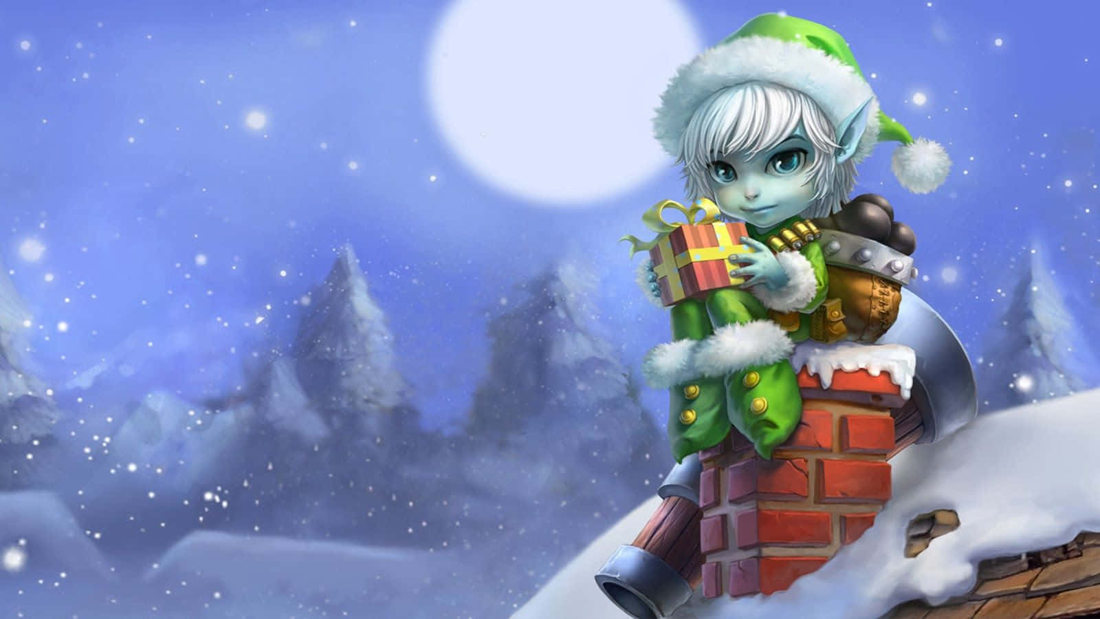 Elf 桌布 壁紙 — 一個可愛的精靈穿著綠色冬季裝備，坐在積雪的煙囪上，在滿月下拿著禮物。
