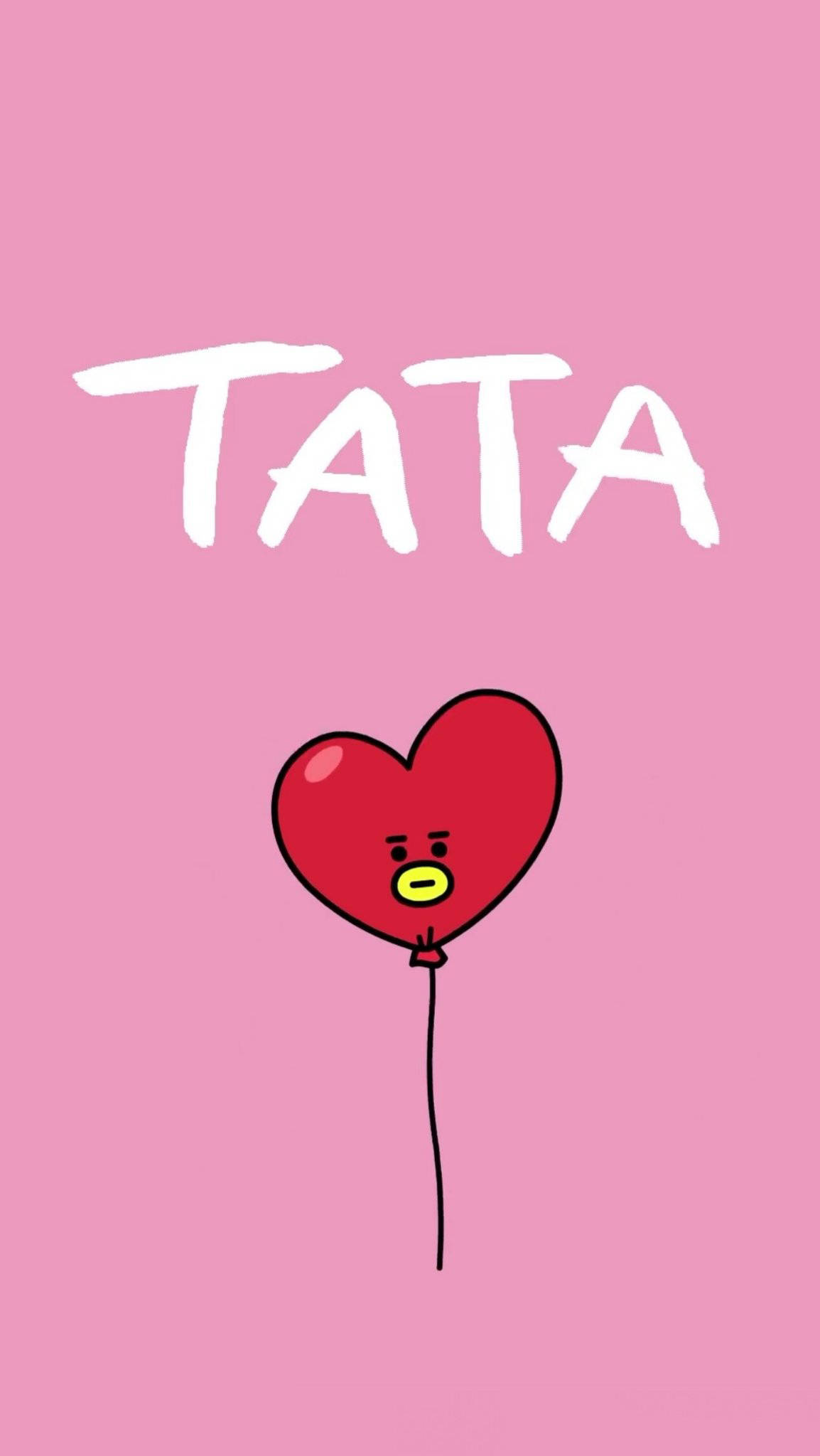 tata bt21 桌布 壁紙 — 一個可愛的紅色心形氣球，帶有黃色喙和簡單的臉，漂浮在純粉色背景上，上方有TATA字樣。