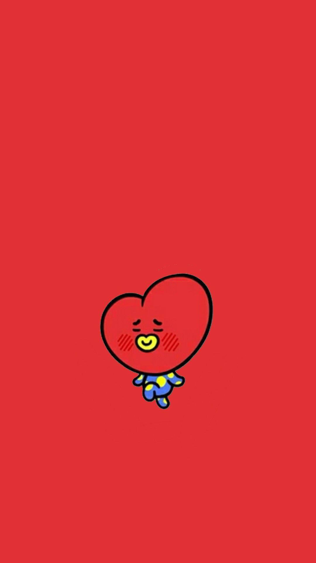 tata bt21 桌布 壁紙 — 一個可愛的紅色心形角色，帶有黃色笑臉和藍色波點褲，漂浮在純紅色背景上。