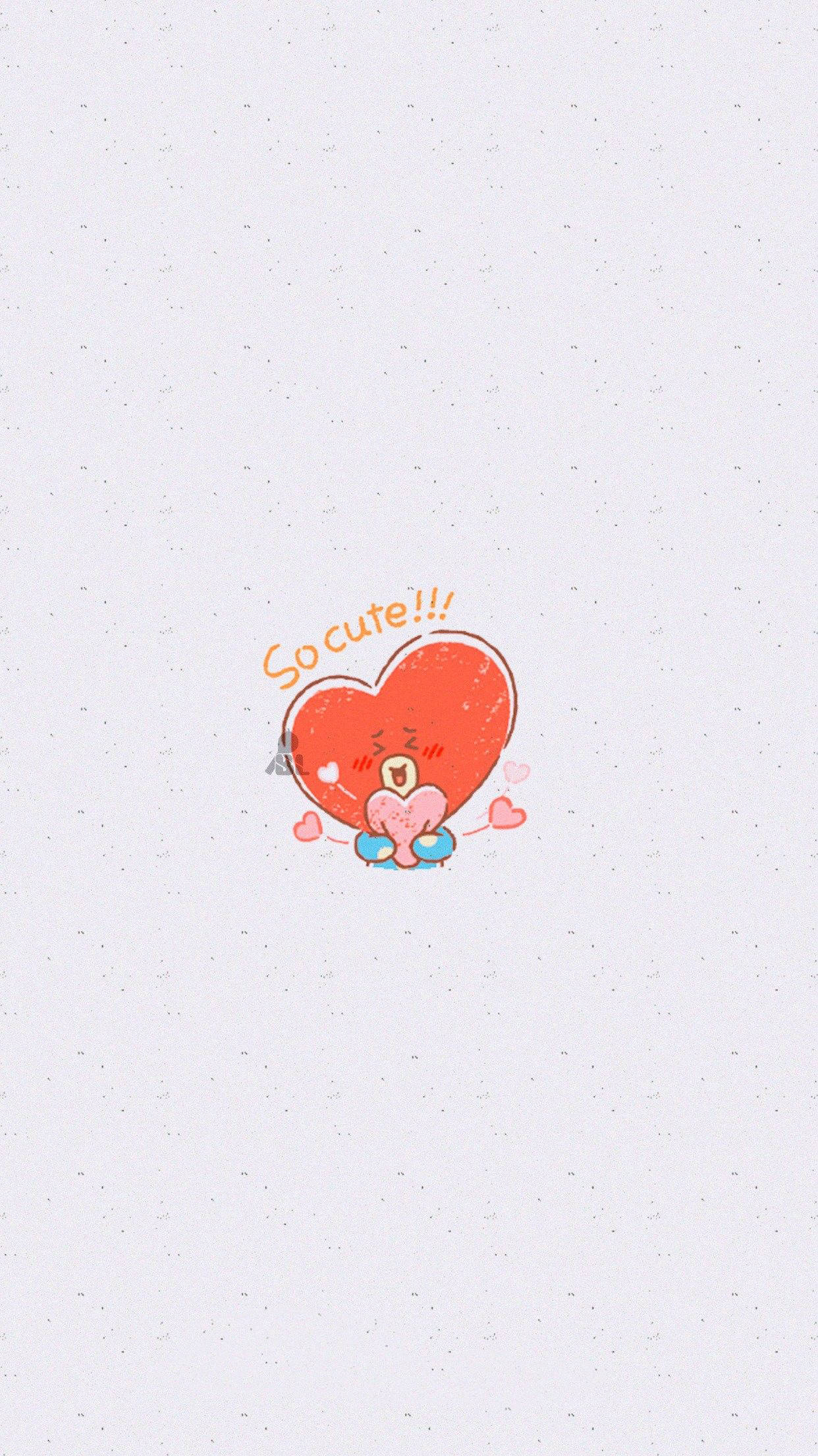 tata bt21 桌布 壁紙 — 一個可愛的紅色心形角色，穿著藍色鞋子，臉頰泛紅，在帶有斑點的淺灰色背景上微笑。