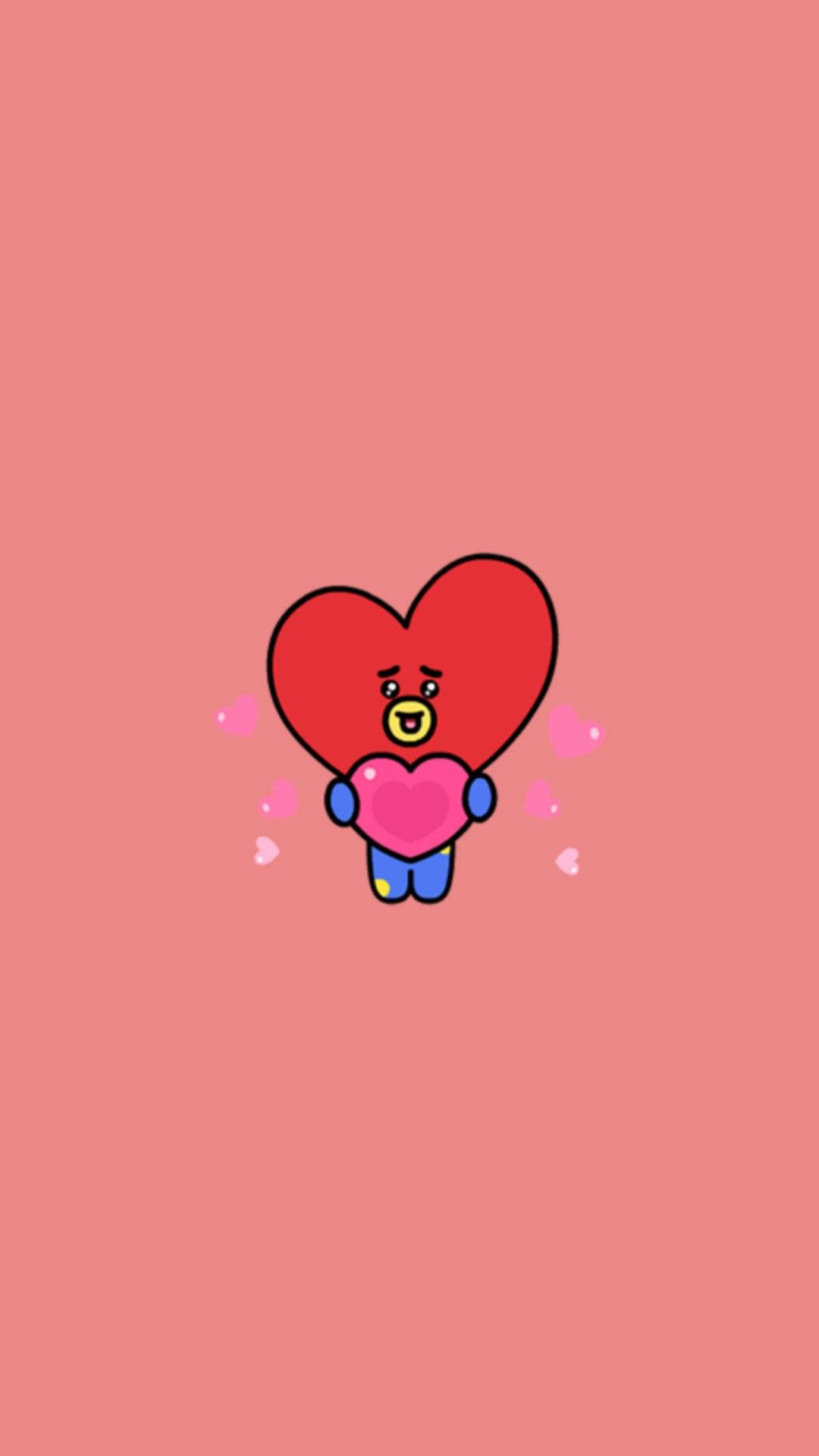塔塔 BT21 桌布 壁紙 — 一個可愛的紅色心形角色，黃色臉孔，在純珊瑚色背景上拿著一個粉紅色的心。