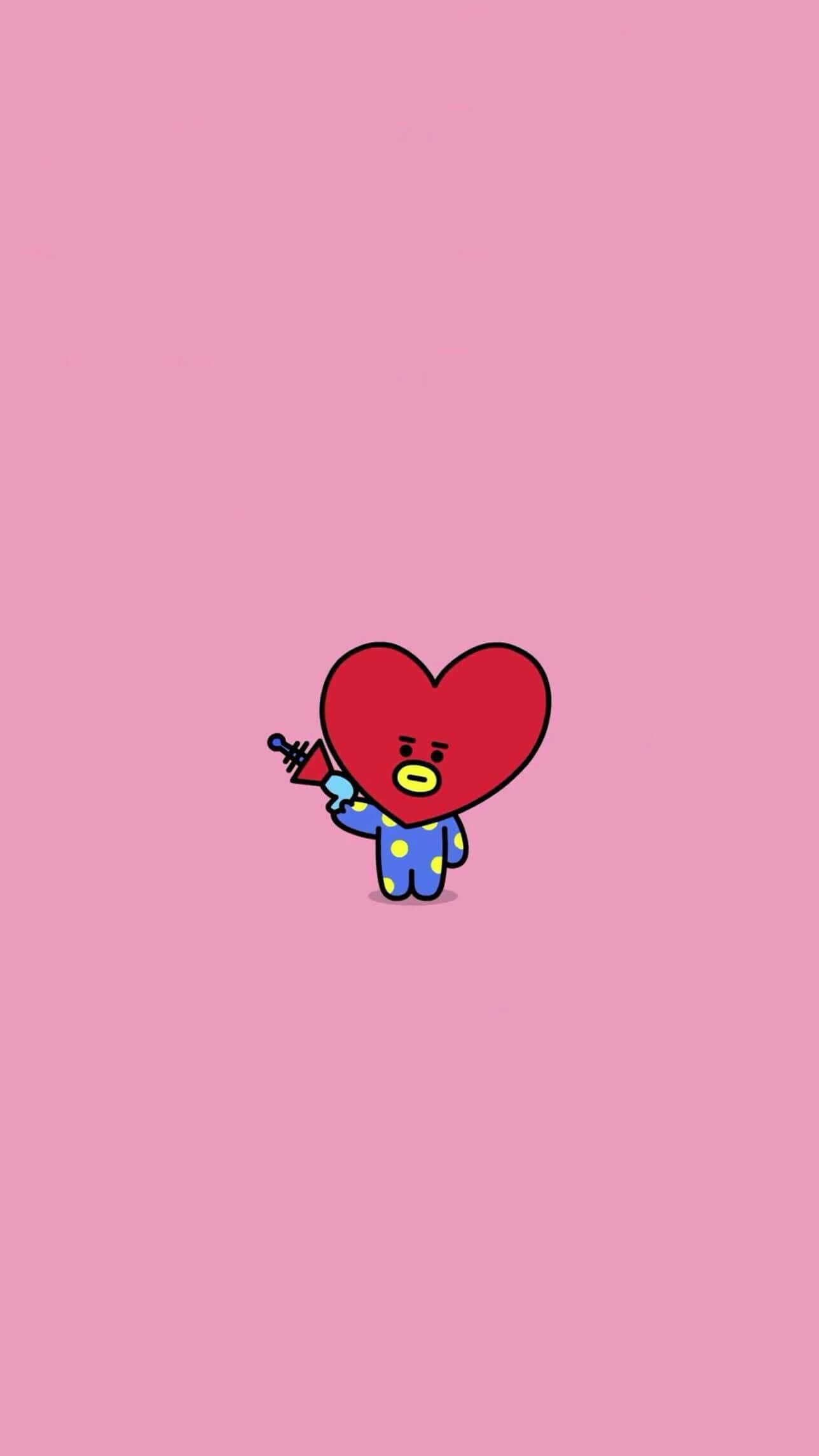 Cartoon Heart 桌布 壁紙 — 一個可愛的紅色心形角色穿著藍色圓點睡衣，在純粉色背景上拿著一把小紅傘。