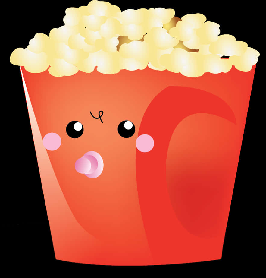 Popcorn Clipart 桌布 壁紙 — 一個可愛的紅色爆米花桶，帶有微笑的臉孔，頂部溢出蓬鬆的黃色爆米花。