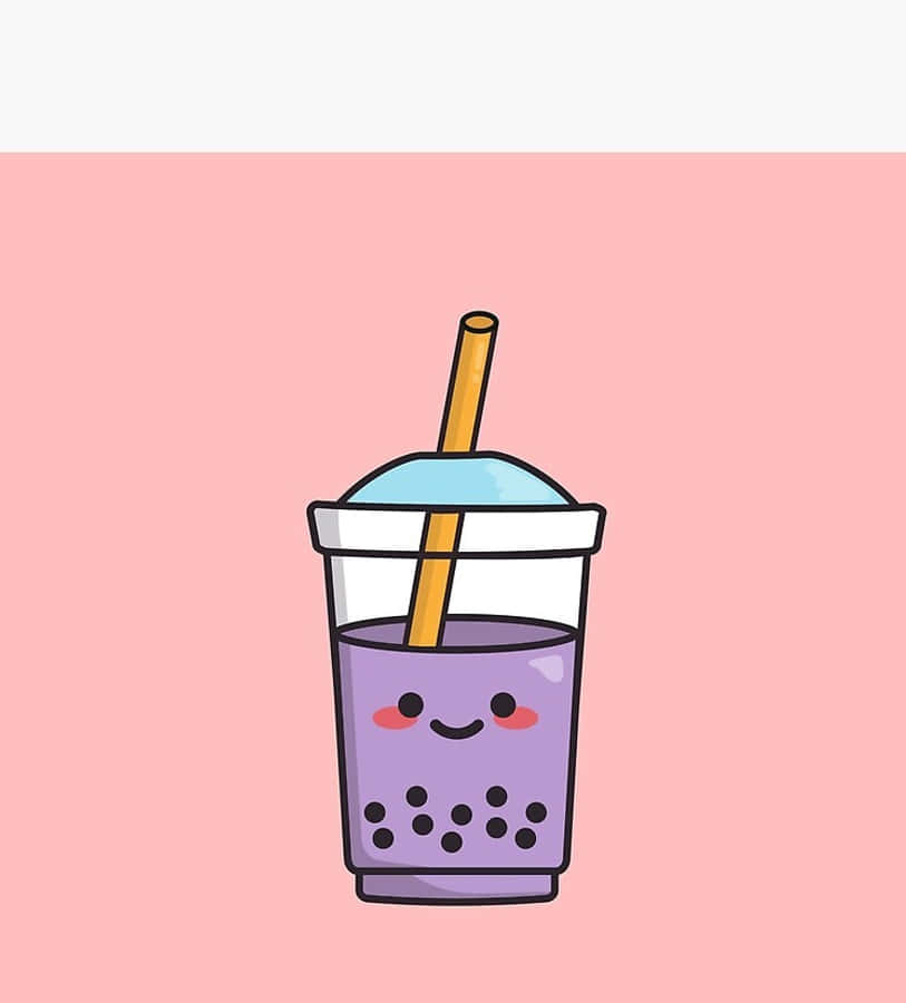 珍珠奶茶 桌布 壁紙 — 一個可愛的紫色泡泡茶杯，帶有笑臉和吸管，背景是柔和的粉紅色。