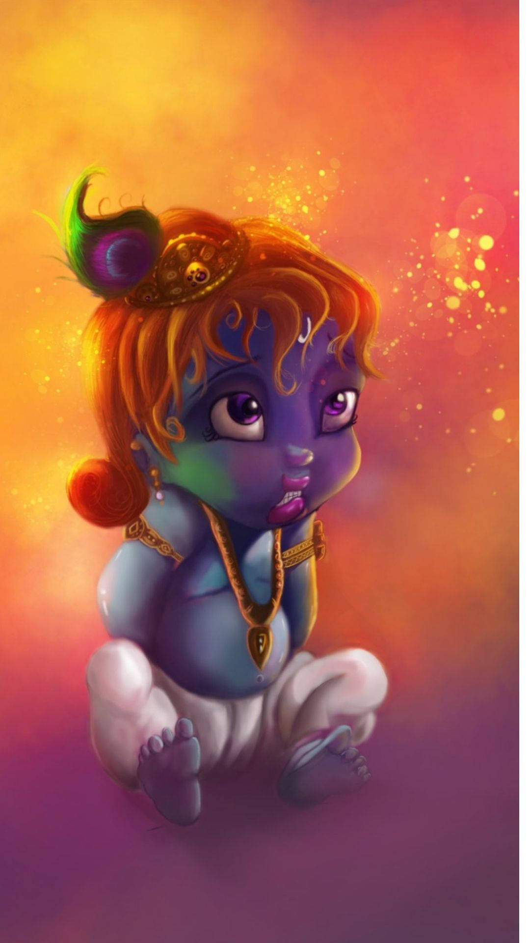 cute krishna 桌布 壁紙 — 一個可愛的紫色皮膚嬰兒神祇，戴著金色珠寶和孔雀羽毛，坐在發光的橙色和粉紅色背景前。