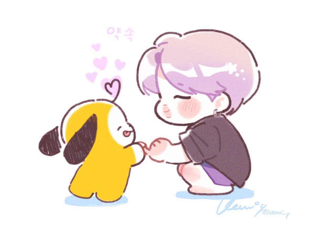 Chimmy 桌布 壁紙 — 一個可愛的紫色頭髮Q版男孩跪著與一隻黃色狗狀生物握手，周圍環繞著粉紅色愛心。