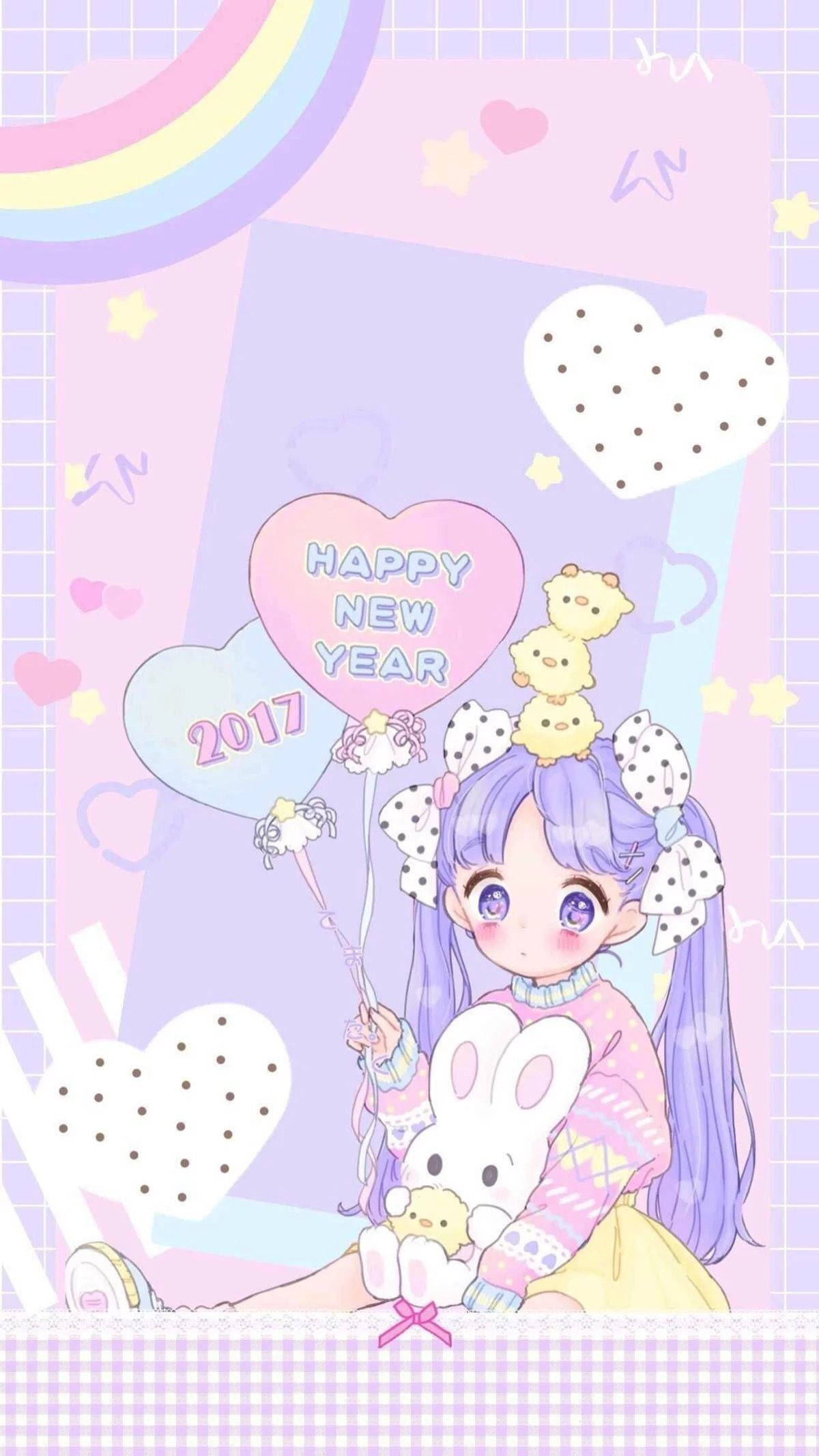 Kawaii Purple 桌布 壁紙 — 一個可愛的紫髮動漫女孩，在粉彩彩虹和心形背景下拿著氣球和兔子毛絨玩具。