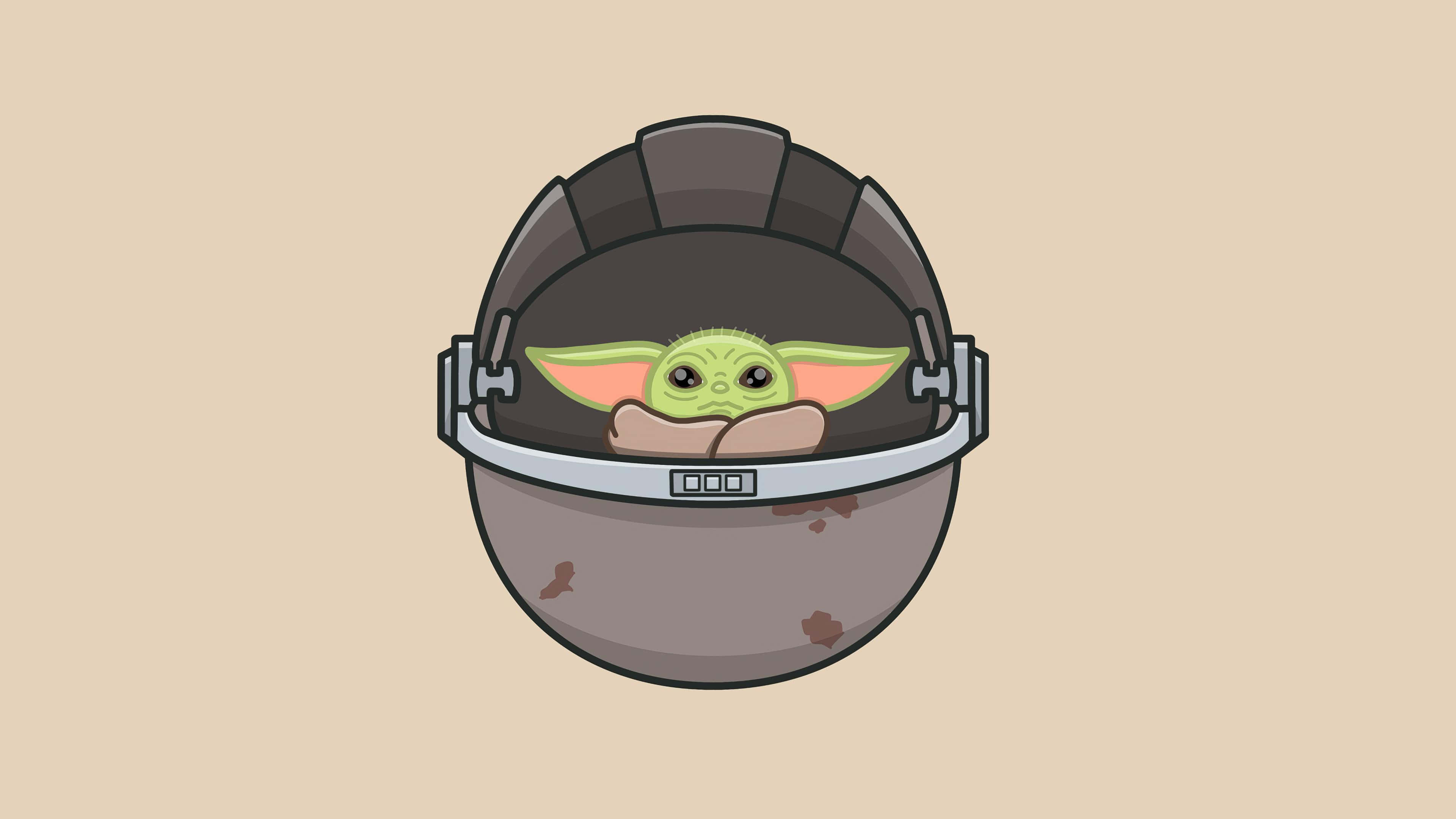 Baby Yoda Cartoon 桌布 壁紙 — 一個可愛的綠色 Baby Yoda 從一個破舊的頭盔內探出頭來，背景是米色。