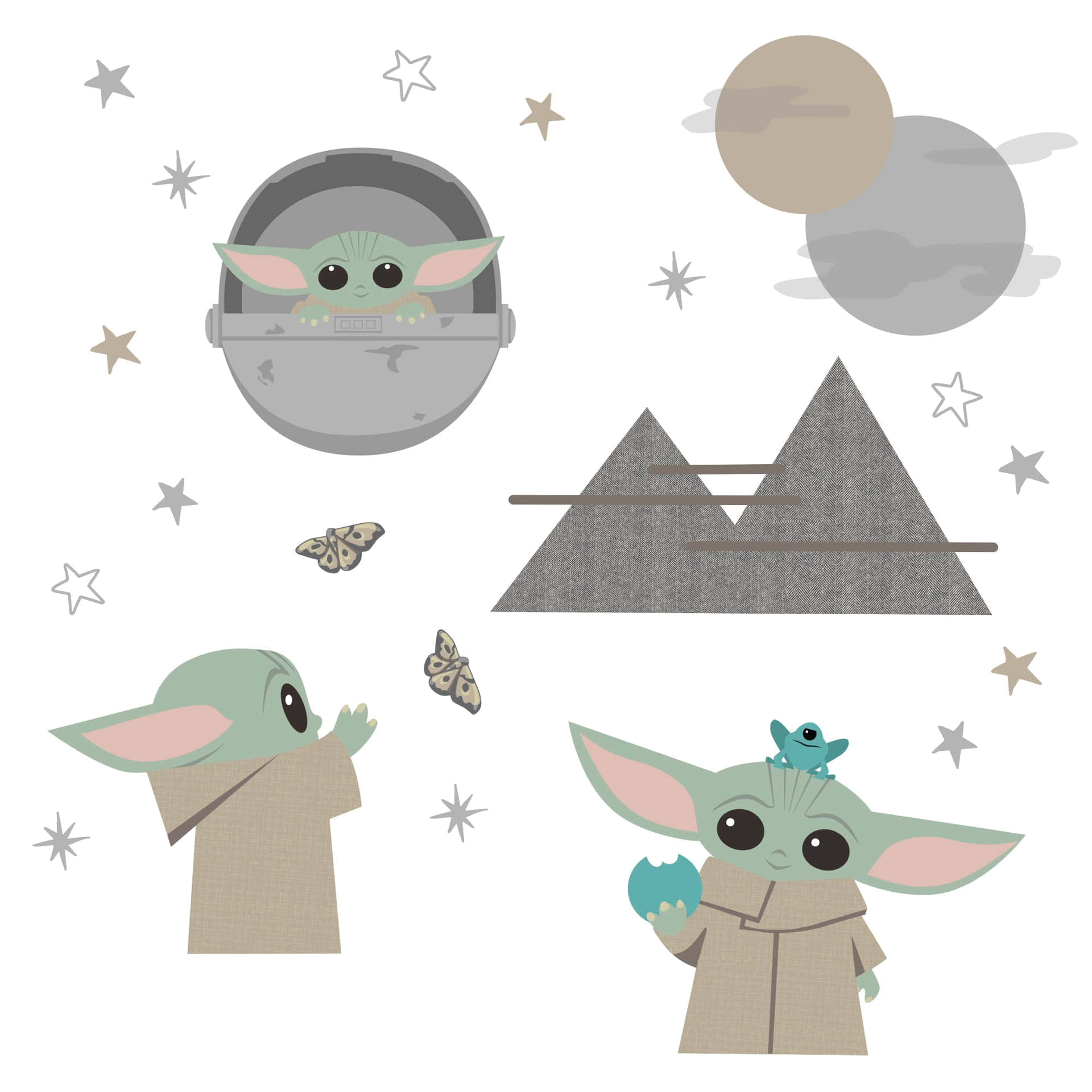 Baby Yoda 在星空場景中，有星星、月亮、蝴蝶和山脈 — 尤達寶寶 壁紙