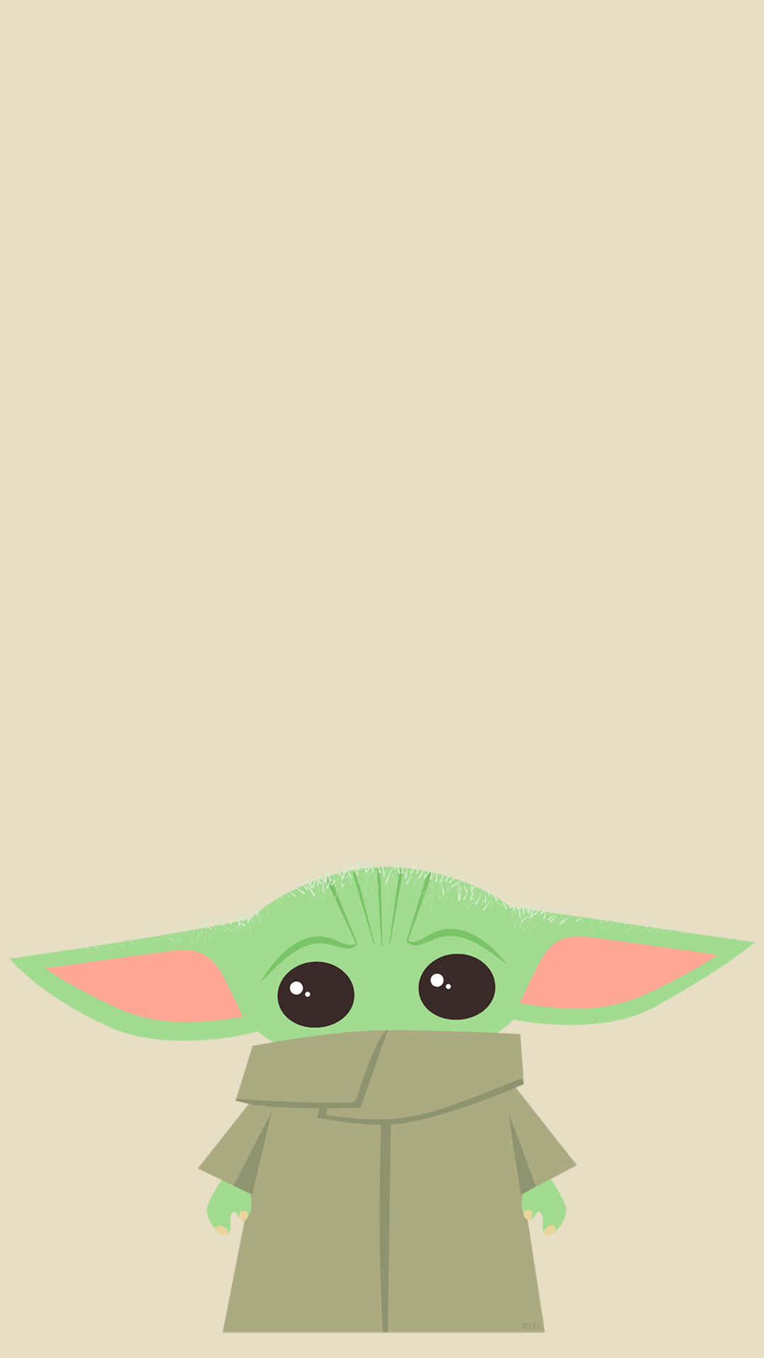 Baby Yoda Phone 桌布 壁紙 — 一個可愛的綠色 Baby Yoda 穿著棕色長袍，在米色背景上睜大眼睛向上看。