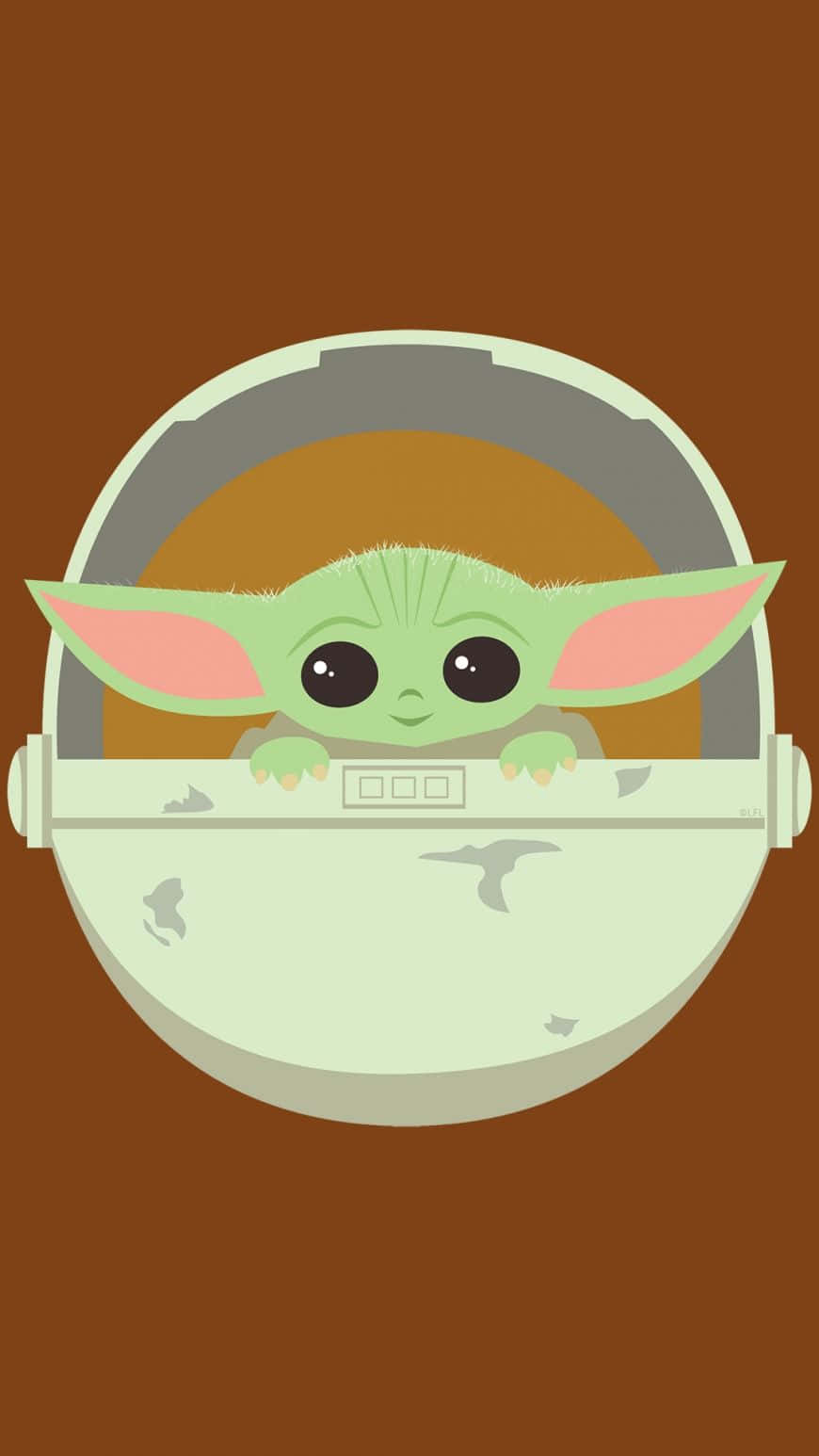 Cartoon Yoda 桌布 壁紙 — 一個可愛的綠色 Baby Yoda 從圓形太空船艙口探出頭來，背景為棕色。