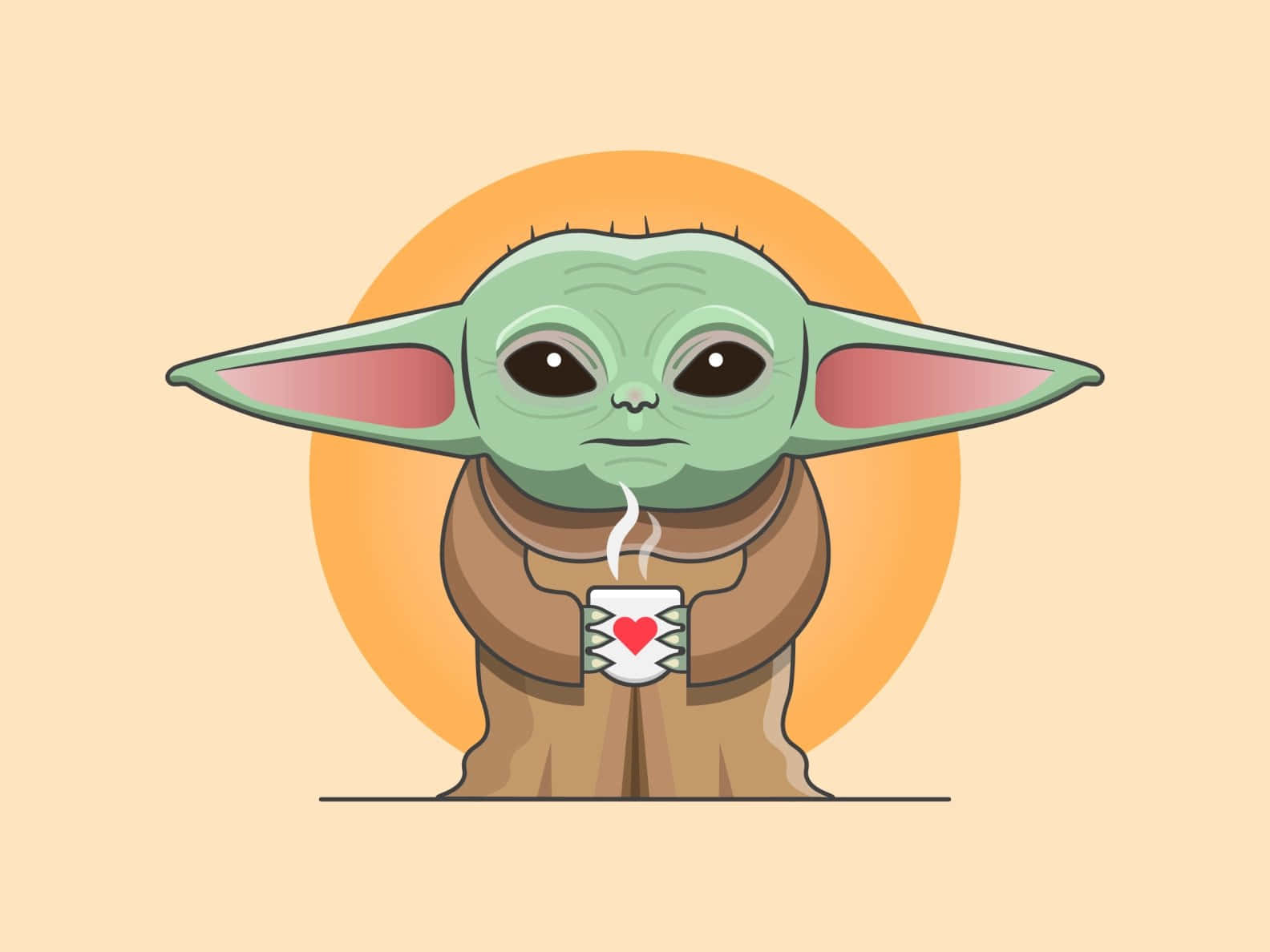 尤達寶寶 桌布 壁紙 — 一個可愛的綠色 Baby Yoda 拿著一個冒著蒸氣的杯子，上面有紅色心形圖案，背景是溫暖的橙色太陽。