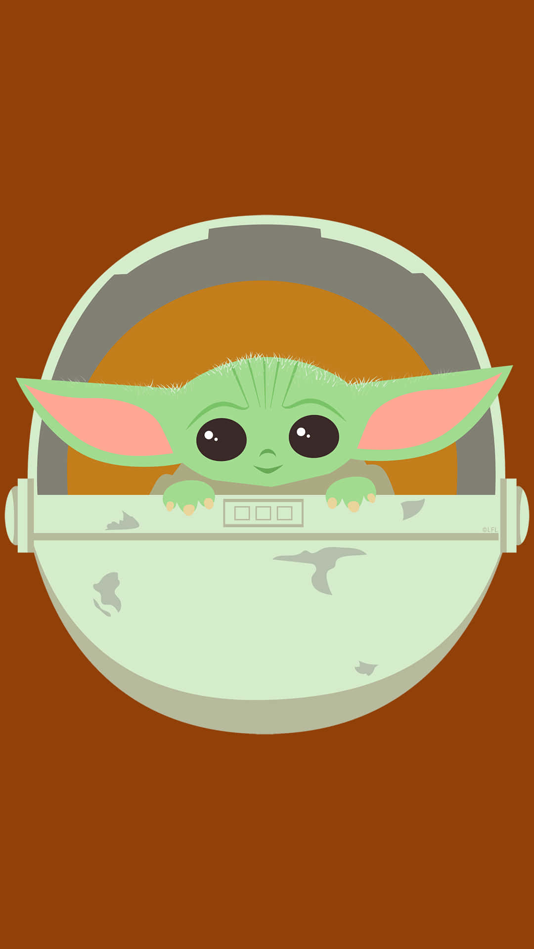 Baby Yoda Phone 桌布 壁紙 — 一個可愛的綠色Baby Yoda從一個破舊的淺綠色太空船艙中探出頭來，背景是純棕色。