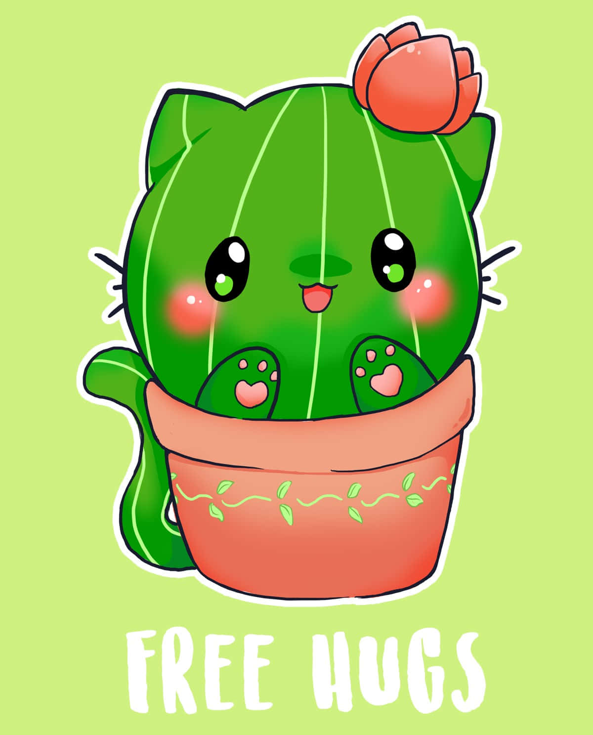 Kawaii Cactus 桌布 壁紙 — 一個可愛的綠色仙人掌，長著貓耳朵和一朵玫瑰，坐在一個赤陶花盆裡，在淺綠色背景上提供免費擁抱。