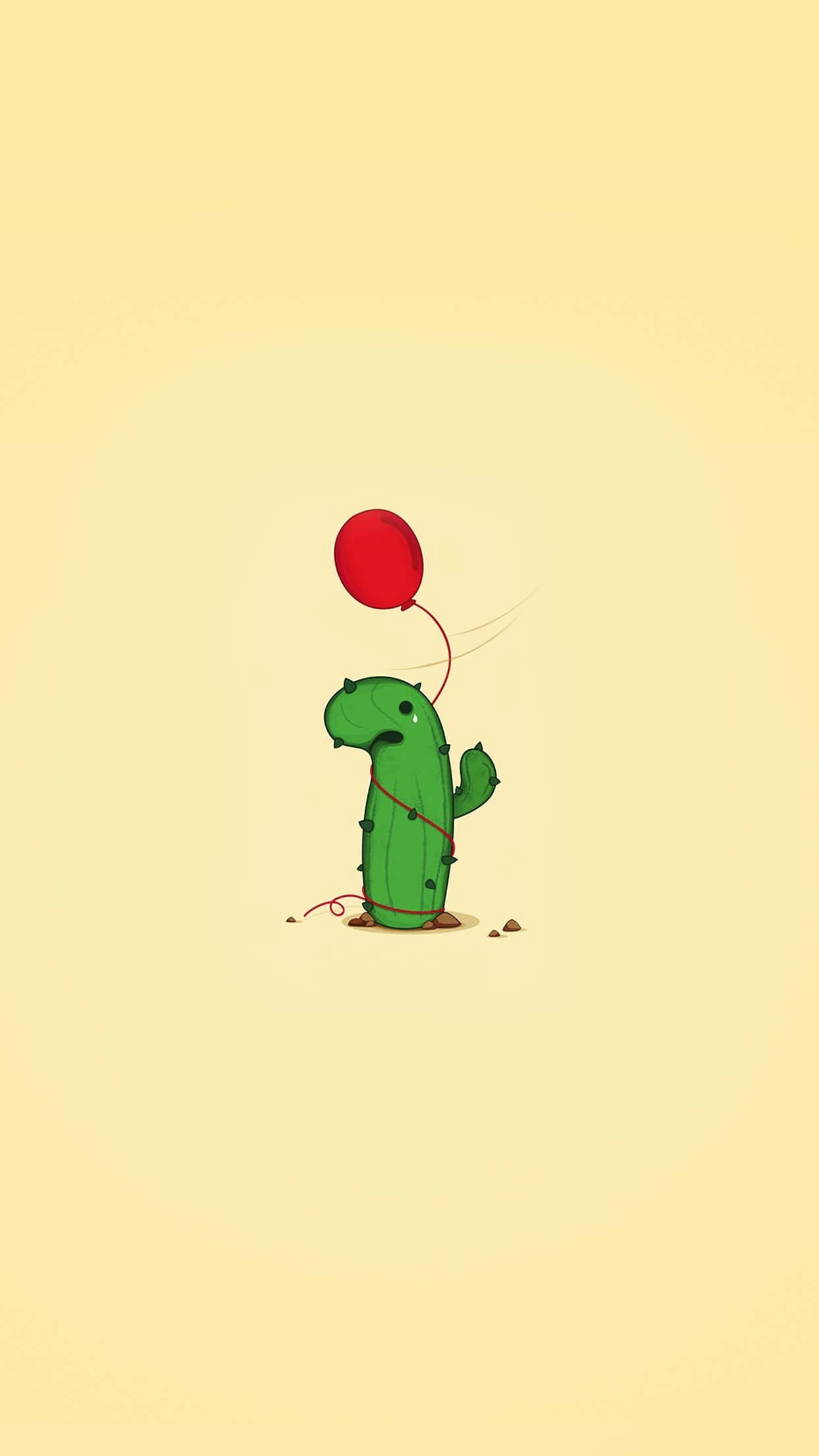 Cute Cactus 桌布 壁紙 — 一個可愛的綠色卡通仙人掌，帶著悲傷的表情，在柔和的黃色背景上拿著一個紅色氣球。